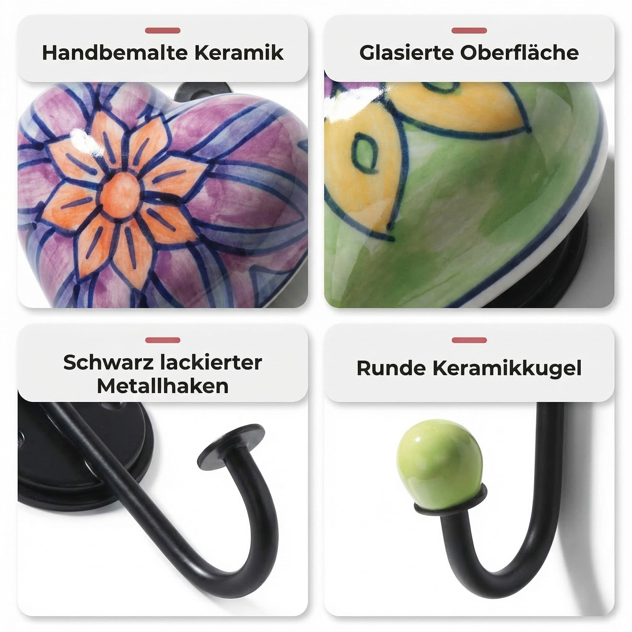 LK Trend & Style Garderobenhalter Dekorative Wandhaken Set, Herz-Design mit Blumenmuster (5 St), Keramik und Metall, lackierte Oberfläche – Bild 4 von 5