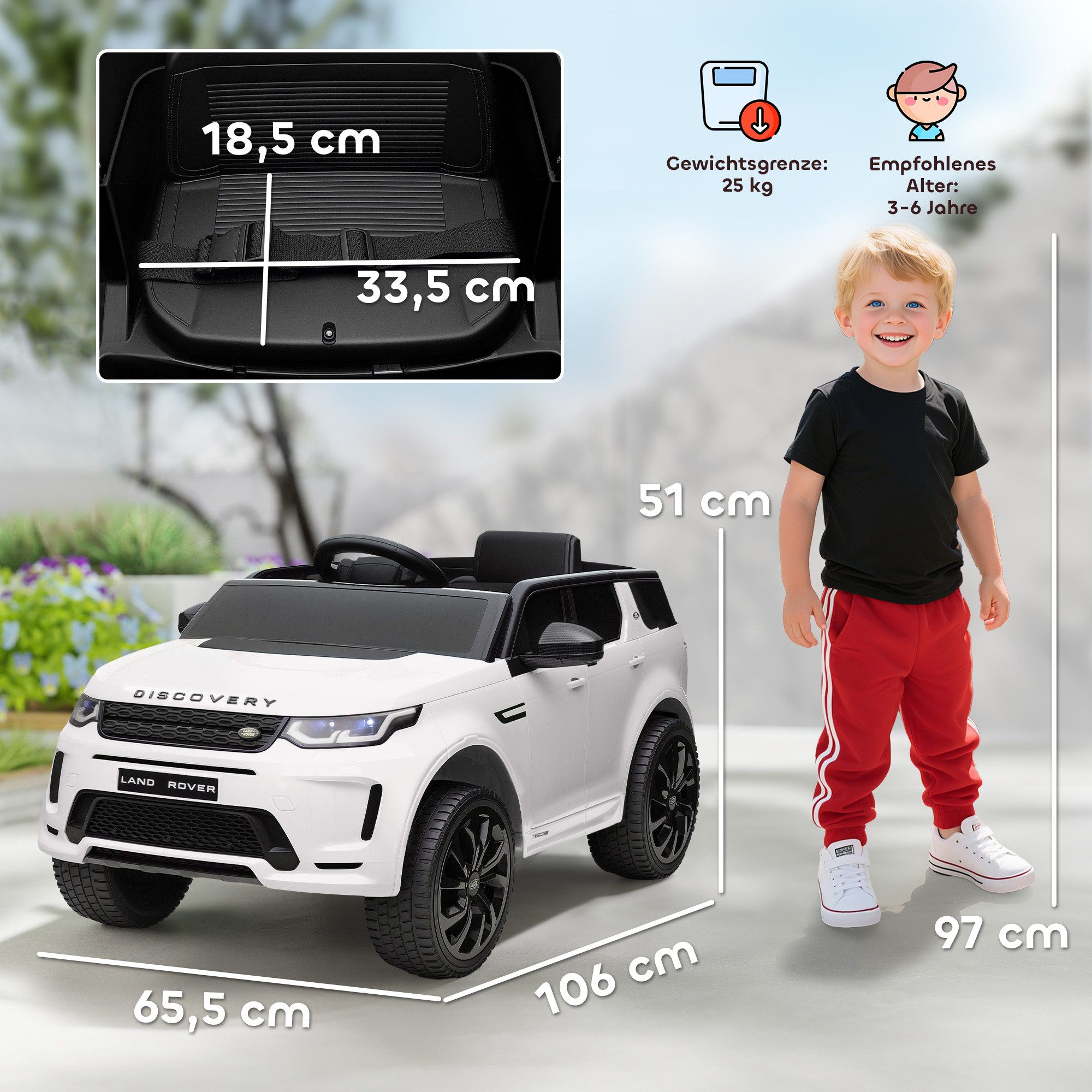 AIYAPLAY Elektro-Kinderauto 12V Kinderauto mit 2,4G Fernbedienung, Musik, Hupe, Belastbarkeit 25 kg, (1-tlg), 3-5 km,h, für Kinder 3-6 Jahre, Weiß