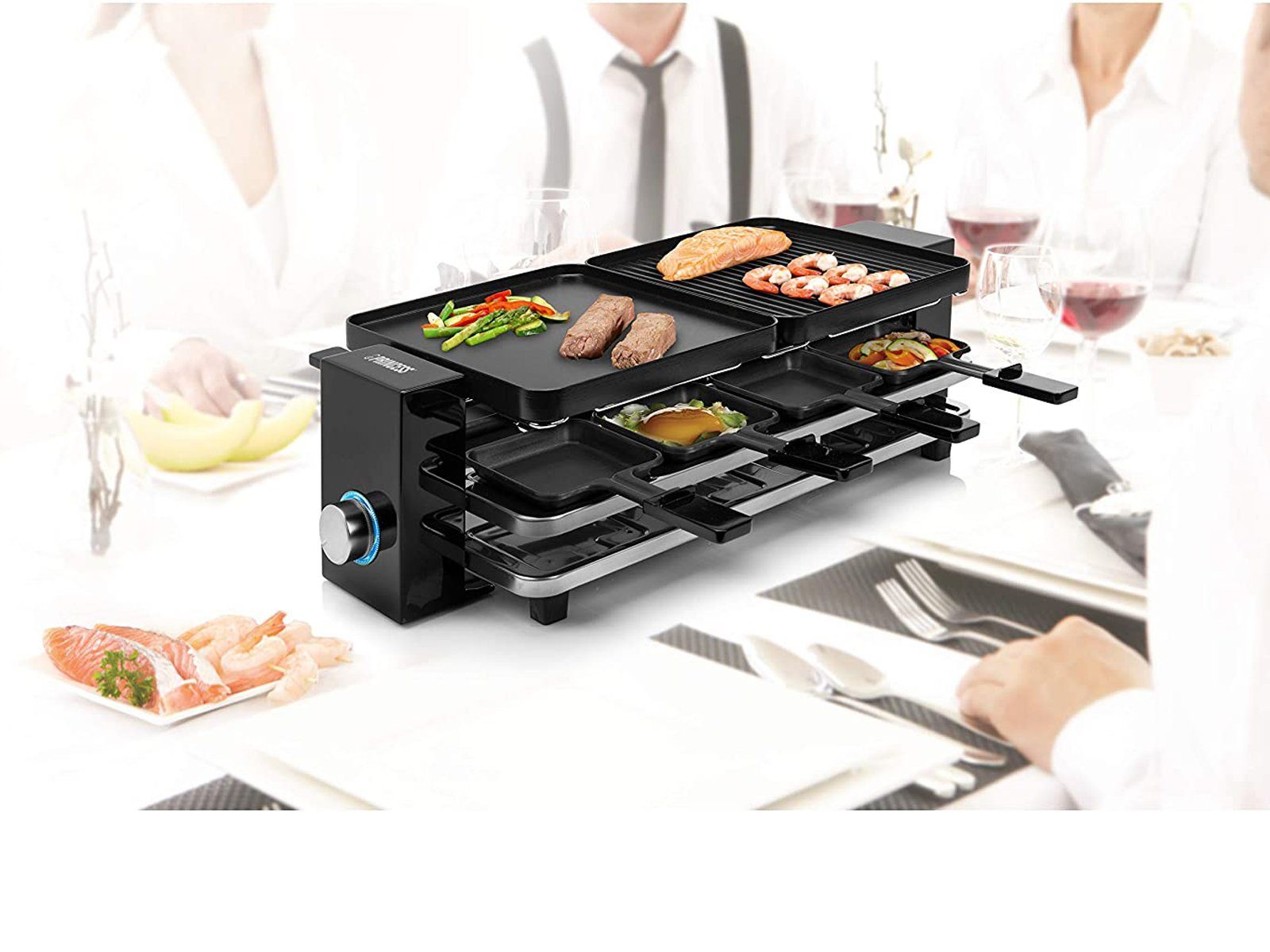 PRINCESS Raclette, 8 Raclettepfännchen, 1200 W, Elektro Tischgrill für 2-8 Personen mit Parkdeck für Pfännchen