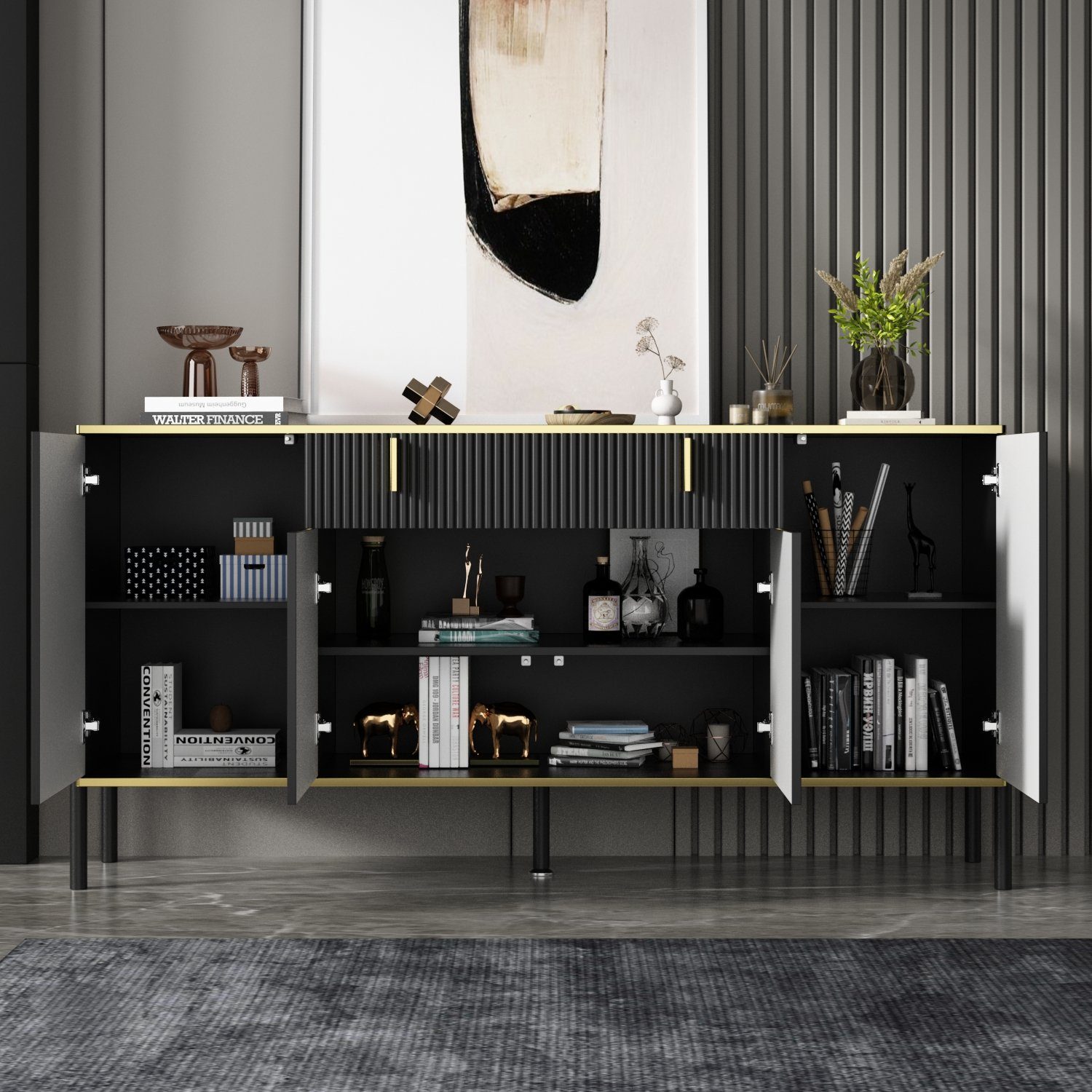 FUFU&GAGA Sideboard Komodenschrank mit 4 Türen und 1 Schublade – Bild 2 von 5