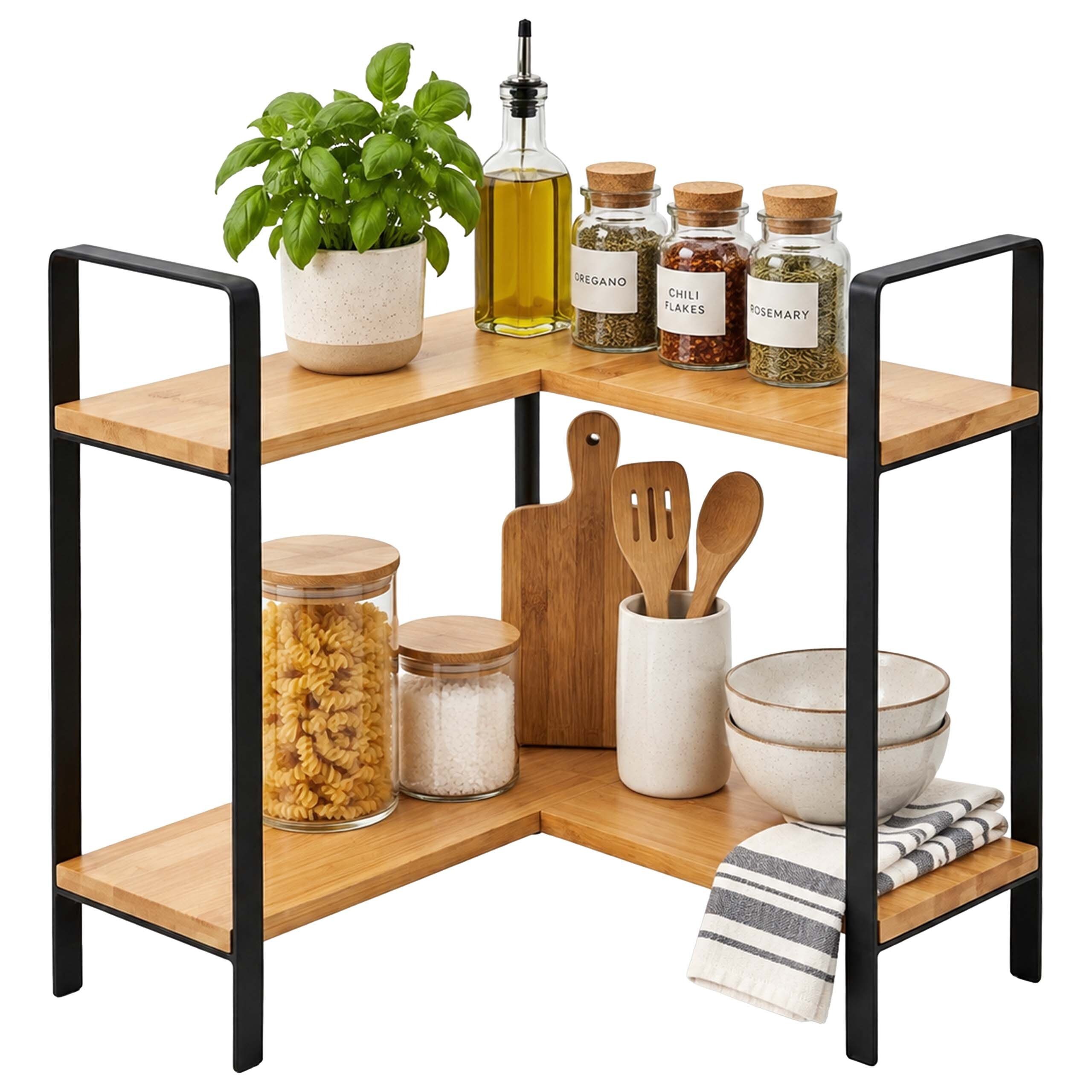 relaxdays Eckregal Arbeitsplatten-Regal aus Bambus 2 Ebenen, 1-tlg., Natur-Schwarz