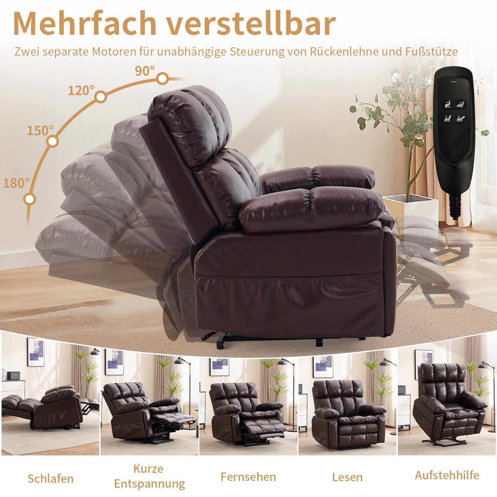 Zuacs TV-Sessel zweimotorig, elektrisch verstellbar, Relaxsessel mit Aufstehhilfe, und Liegefunktion – multifunktionales Einzelsofa aus PU, Braun