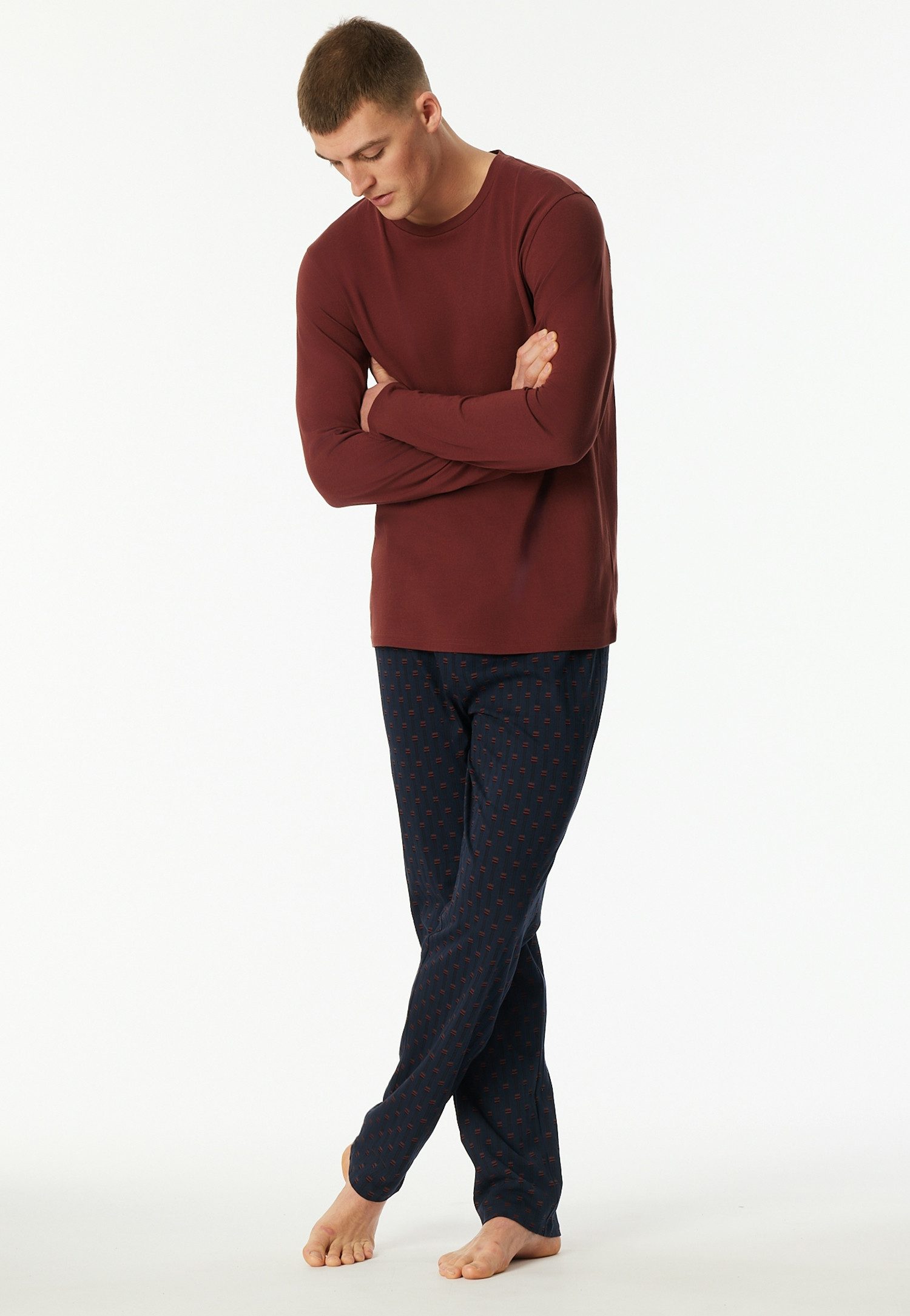 Schiesser Schlafanzug Casual Essentials (2 tlg) mit unifarbenem Langarmshirt mit rundem Halsausschnitt