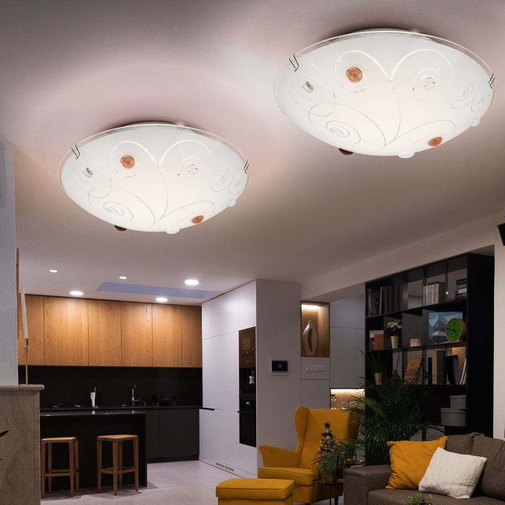 Globo LED Deckenleuchte, LED-Leuchtmittel fest Warmweiß, Deckenlampe Wohnzimmer 1-Flammig Deckenleuchte 2x verbaut, Glasschirm