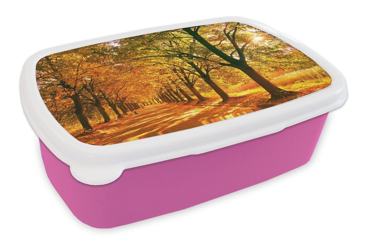 MuchoWow Lunchbox Wald - Herbst Snackbox, Kunststoff für Jahreszeiten Erwachsene, Brotbox - - (2-tlg), Kunststoff, Ländlich, Brotdose Mädchen, rosa Kinder