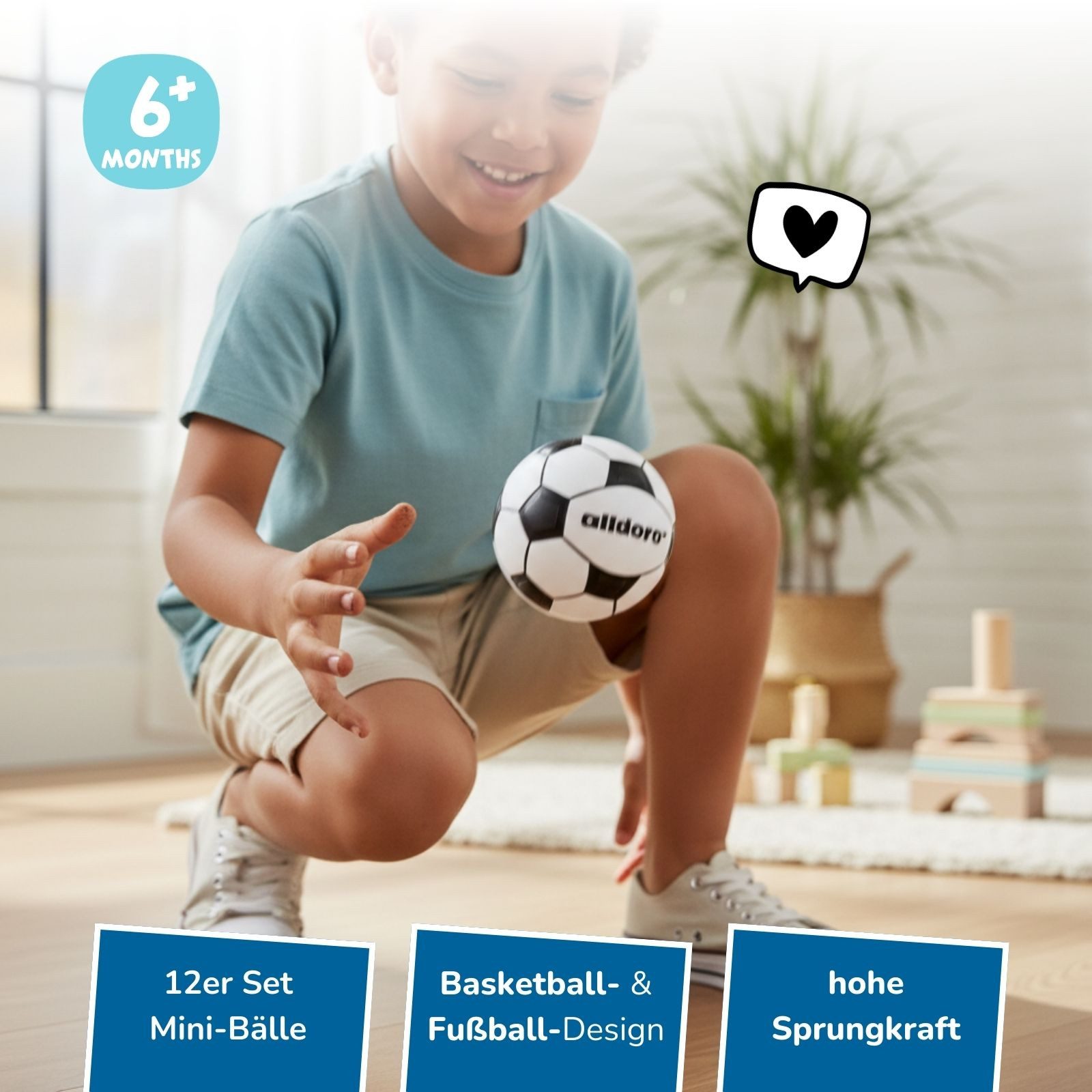 alldoro Spielball 12 Mini Spielbälle für Kinder, Ø 6 cm, je 6x Basketball & Fußball, Sprungstarke Flummi-Gummibälle für drinnen & draußen, ab 3 Jahren