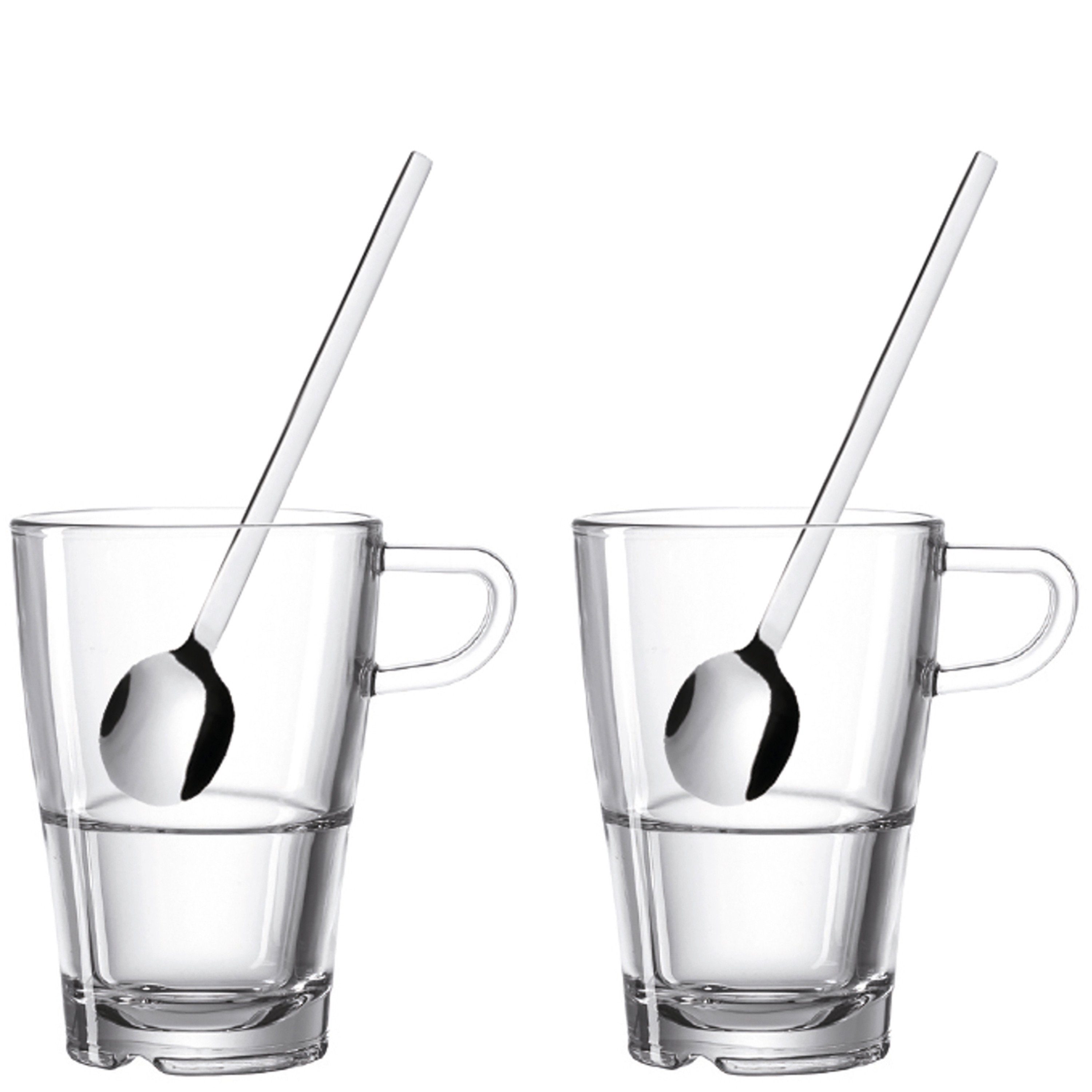 LEONARDO Glas LEONARDO Macchiato Set aus der Serie SENSO, 4-teilig bestehend aus 2 Gläsern und 2 langen Löffeln, klarglas, Glas | Latte-Macchiato-Tassen