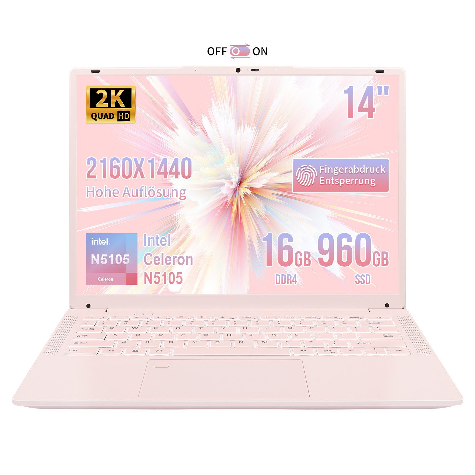 LONGEVINCE 14-Zoll-2K-IPS-Laptop mit Intel Celeron N5105, 16GB DDR4 Notebook (35,56 cm/14 Zoll, Intel Celeron N5105, Intel UHD Graphics, 16 GB, 960 GB SSD, Windows 11 Pro, Fingerabdrucksensor, wählbar 512GB / 960GB SSD)