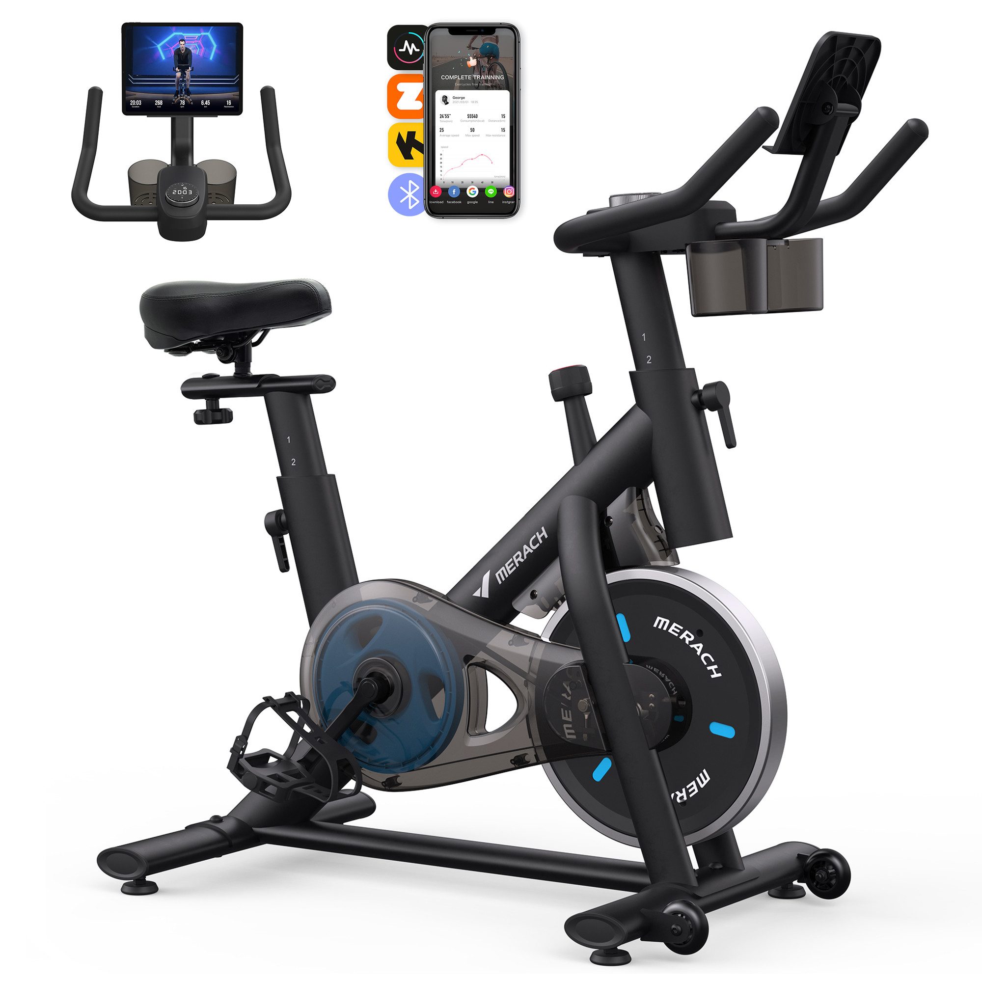 MERACH Fitnessbike Heimtrainer Fahhrad für Zuhause, leises Fitnessbike mit Tablet-Halter, (Fahrradtrainer mit LED-Monitor, Bluetooth und App-Funktion, 1-tlg., Stationäres Fahrrad mit verstellbare Sitz, Wasserflasche-Halter), bequemer und leiser, Verstellbarer Widerstand, bis 122 KG belastbar