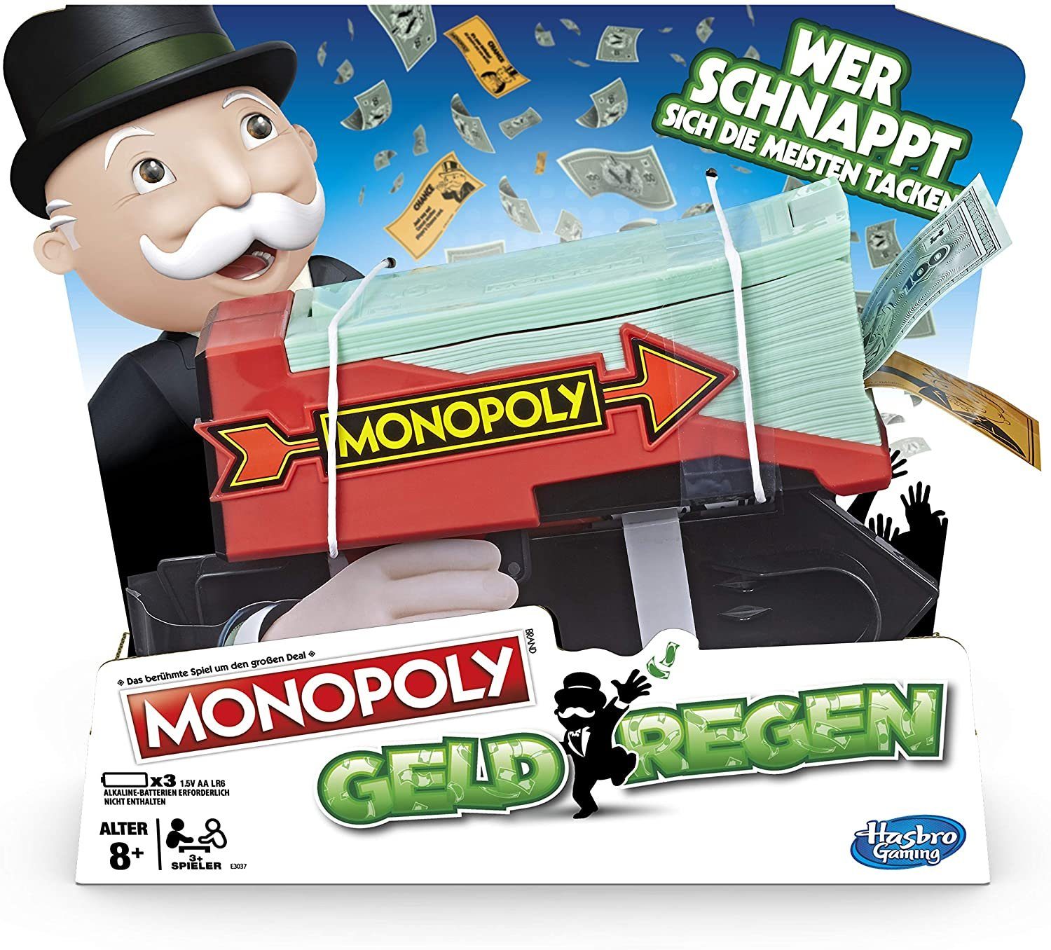 Hasbro Spiel, Brettspiel Monopoly Spielgeld Kanone Geldregen, Wirbelt Geld und Ereigniskarten in die Luft!