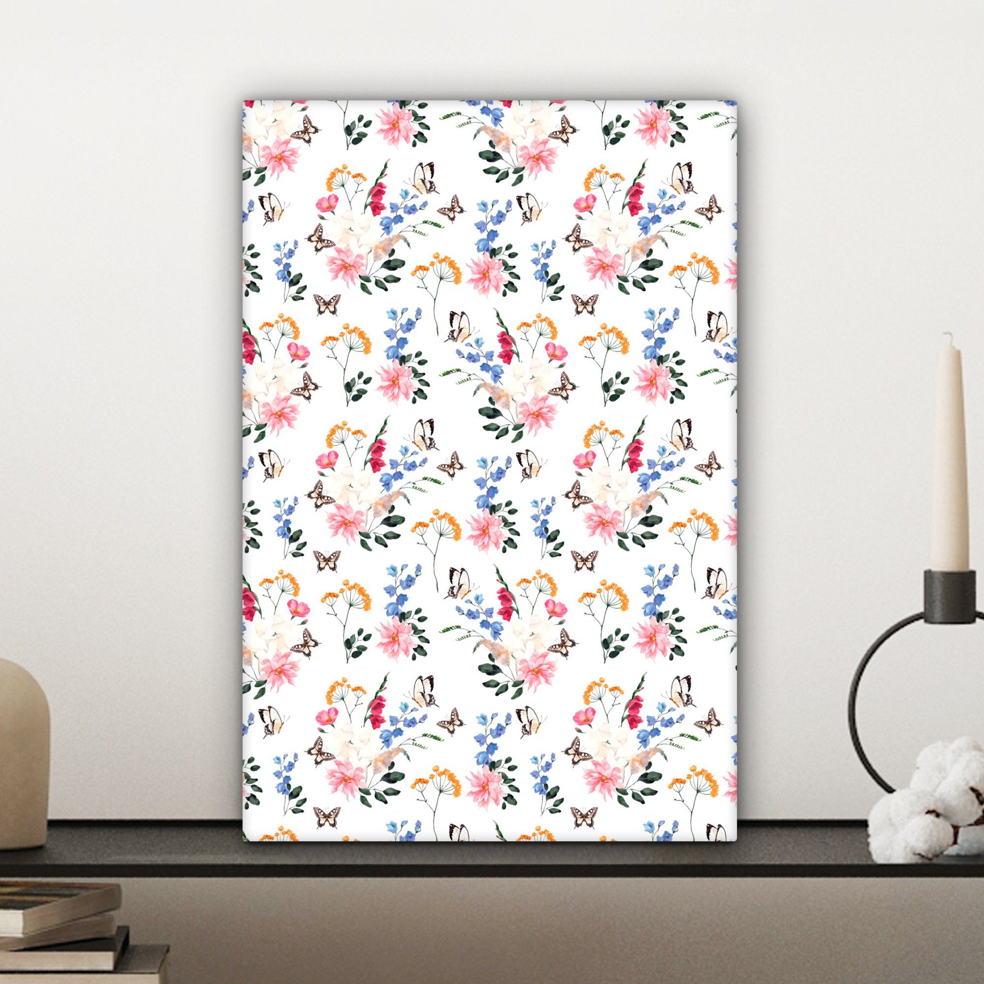 OneMillionCanvasses® Leinwandbild Blumen 20x30 bespannt Zackenaufhänger, inkl. fertig Schmetterling St), (1 Leinwandbild - Pastell, - cm Gemälde
