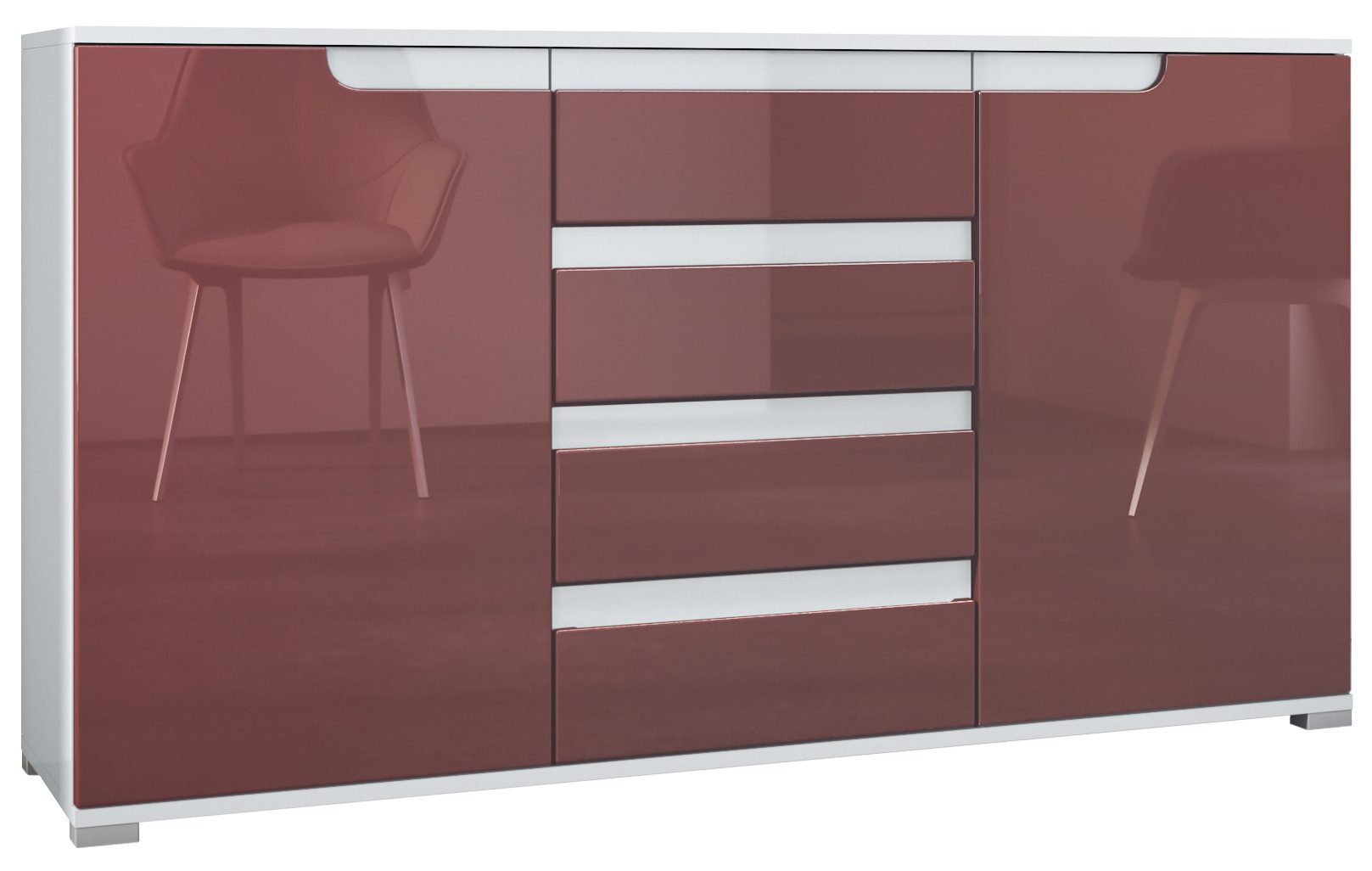 Vladon Sideboard Sylt V1 (Kommode mit 2 Türen und 4 Schubladen, Korpus - Weiß matt / Front - Bordeaux Hochglanz), Absetzung - Weiß Hochglanz (138,5 x 75,5 x 35 cm)