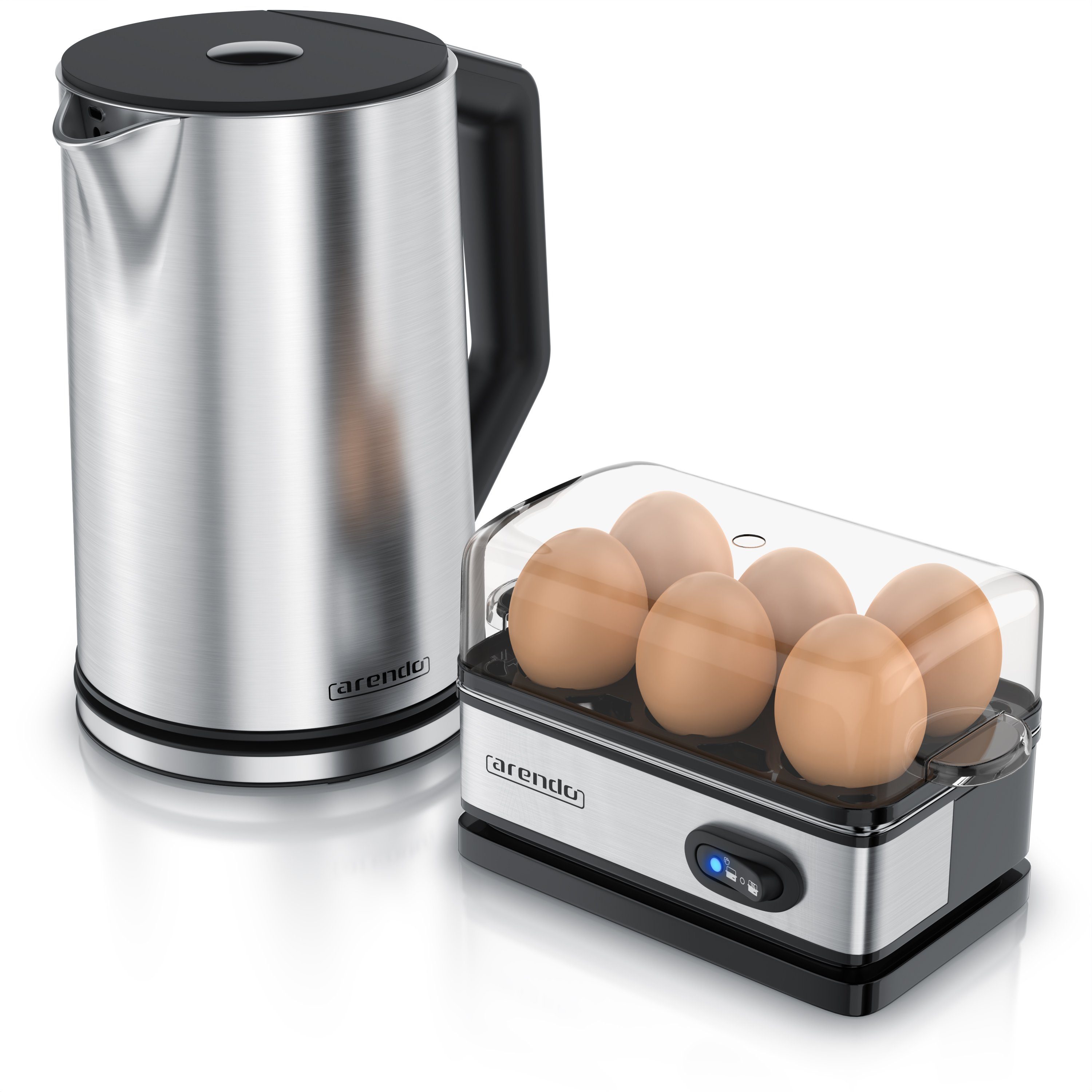 Arendo Frühstücks-Set (2-tlg), Edelstahl Wasserkocher 1,5l, 6er Eierkocher, Silber