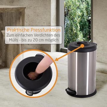 Raburg Mülleimer mit Pressfunktion, 40 l, Abfalleimer mit Presse, Edelstahl-Optik, rund, Treteimer für Büro, Garage, Werkstatt und Wohnbereich