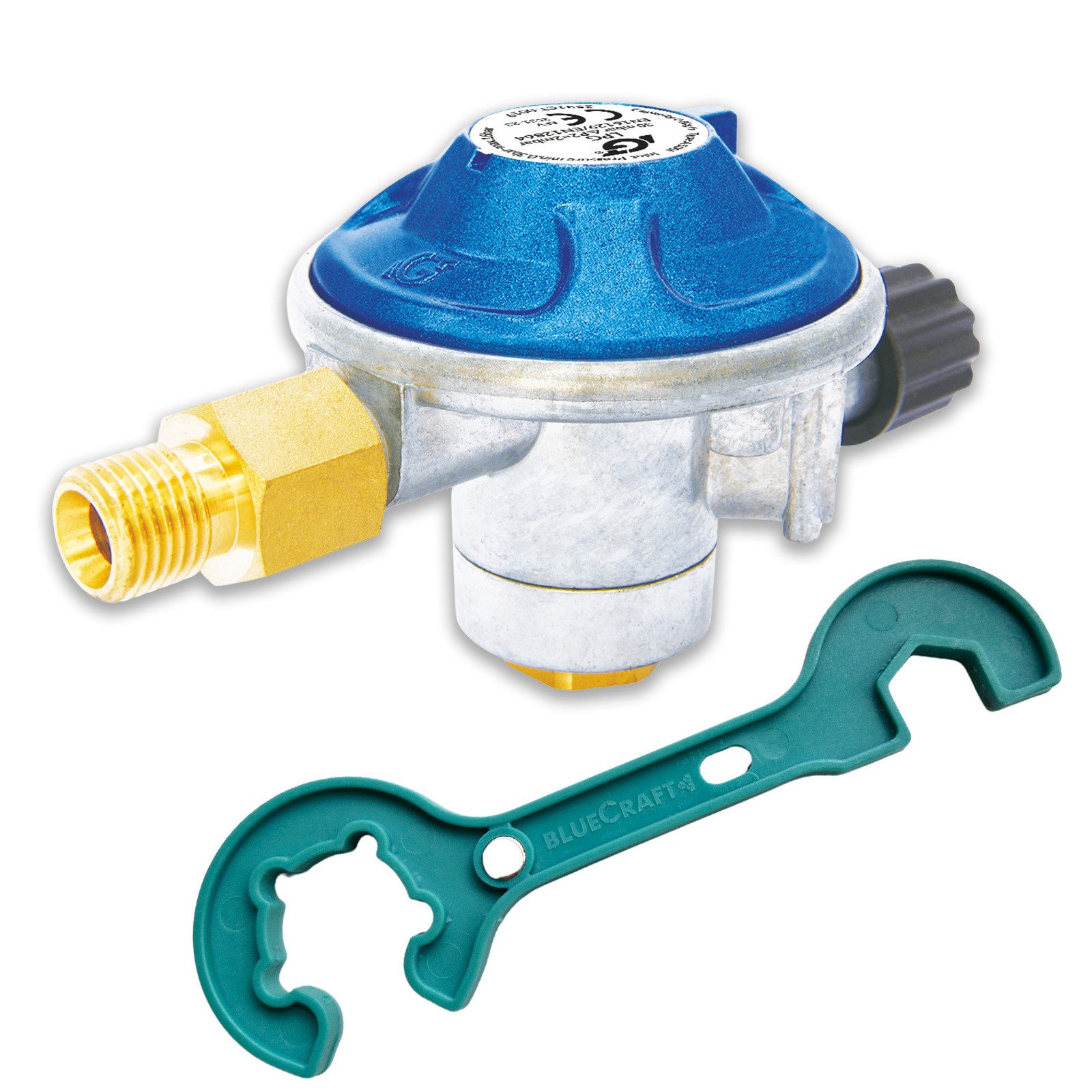 BlueCraft Gasdruckregler für Schraubkartuschen Druckminderer 50mbar Gaskartusche mit Gewinde, 50 mbar, (für Gasgrill Camping Gaskocher Gas-Heizstrahler), Gasregler für Butan Gaskartuschen EN417 mit Anschraubgewinde 7/16"