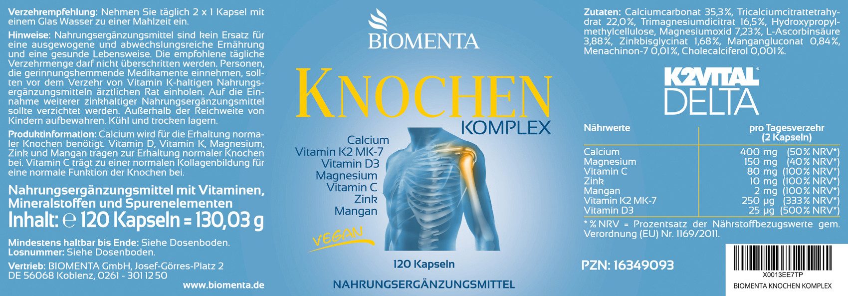 BIOMENTA Knochen Komplex - 120 Knochen Kapseln mit Calcium, Vitamin K2 uvm. Kapseln, 120 St., 130.03 g