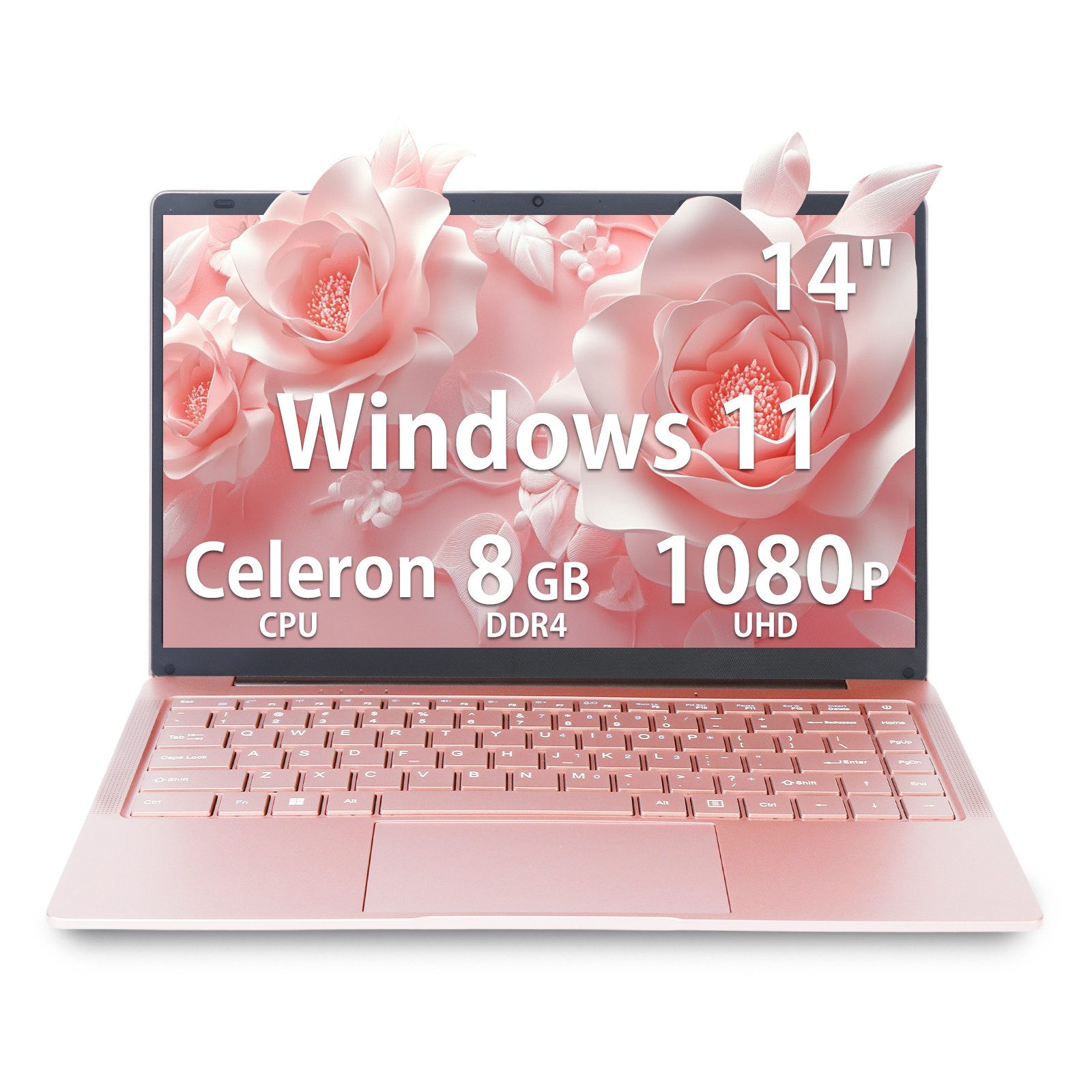 LONGEVINCE 14 Zoll Laptop, 8 GB RAM,DDR4,Ultrabook, Windows 11 Notebook (35,60 cm/14 Zoll, Intel, 118 GB SSD, mit Deutscher Tastaturfolie(Rotgold, 8GB+118G SSD)