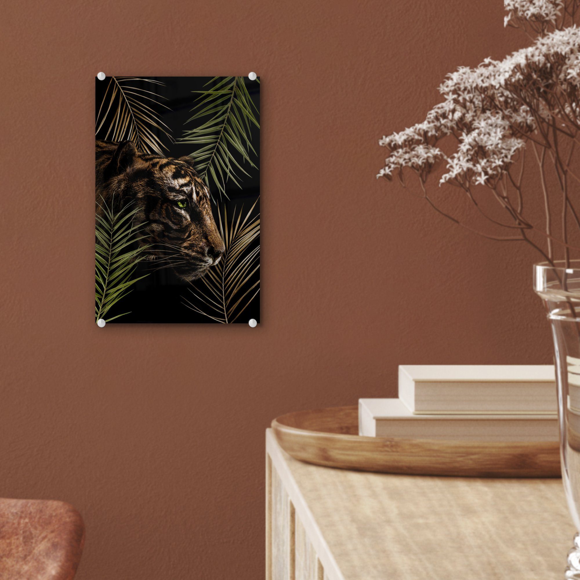 MuchoWow Acrylglasbild Tiger - (1 Glas - Glasbilder Pflanzen Wanddekoration - St), Wandbild bunt Palme, auf - Foto Bilder - Glas auf