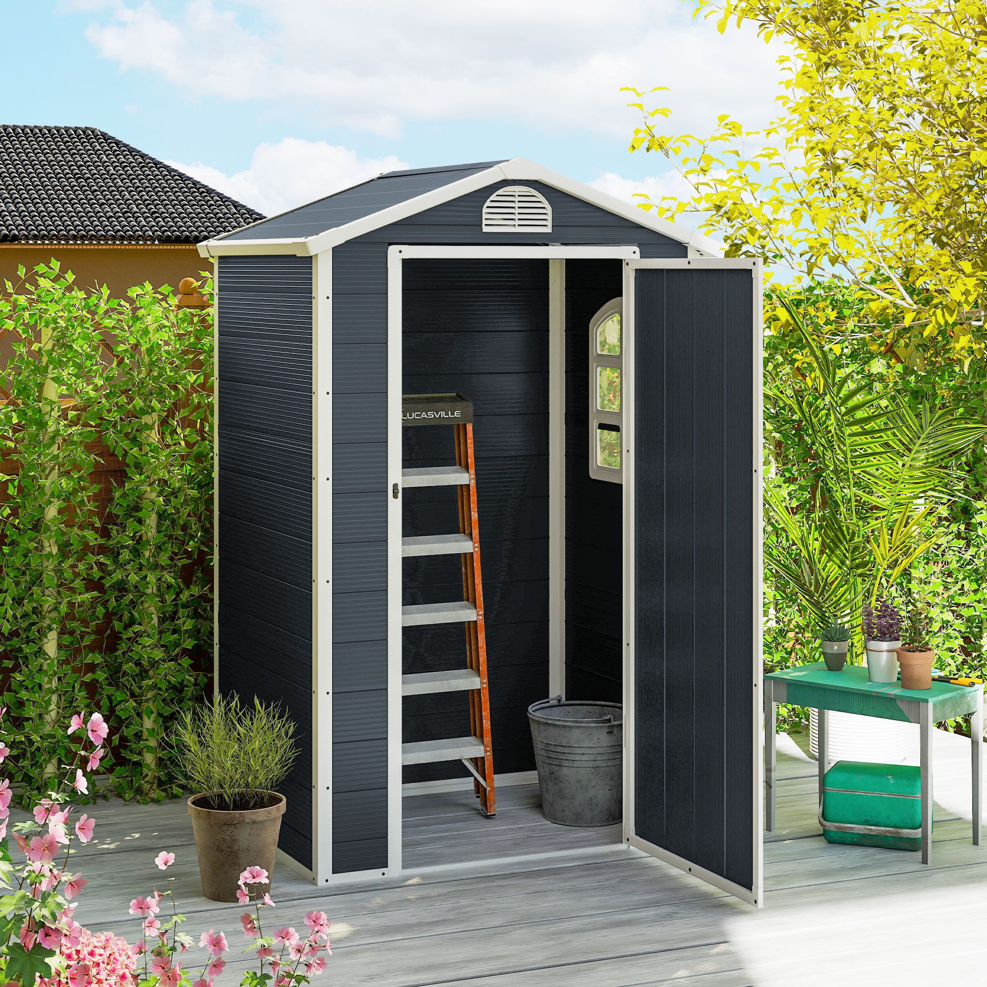 Outsunny Gerätehaus Geräteschuppen mit Satteldach, Abschließbar Tür, Gartenhaus, BxT: 134x104 cm, (Gartenschrank, 1 St., Geräteschrank), für Garten, Grau