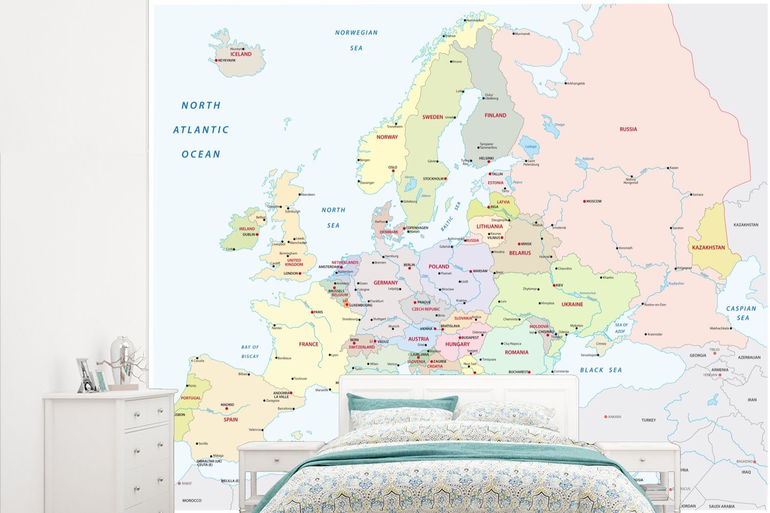 MuchoWow Fototapete Karte - Europa - Topographie, Matt, bedruckt, (5 St), Vliestapete für Wohnzimmer Schlafzimmer Küche, Fototapete