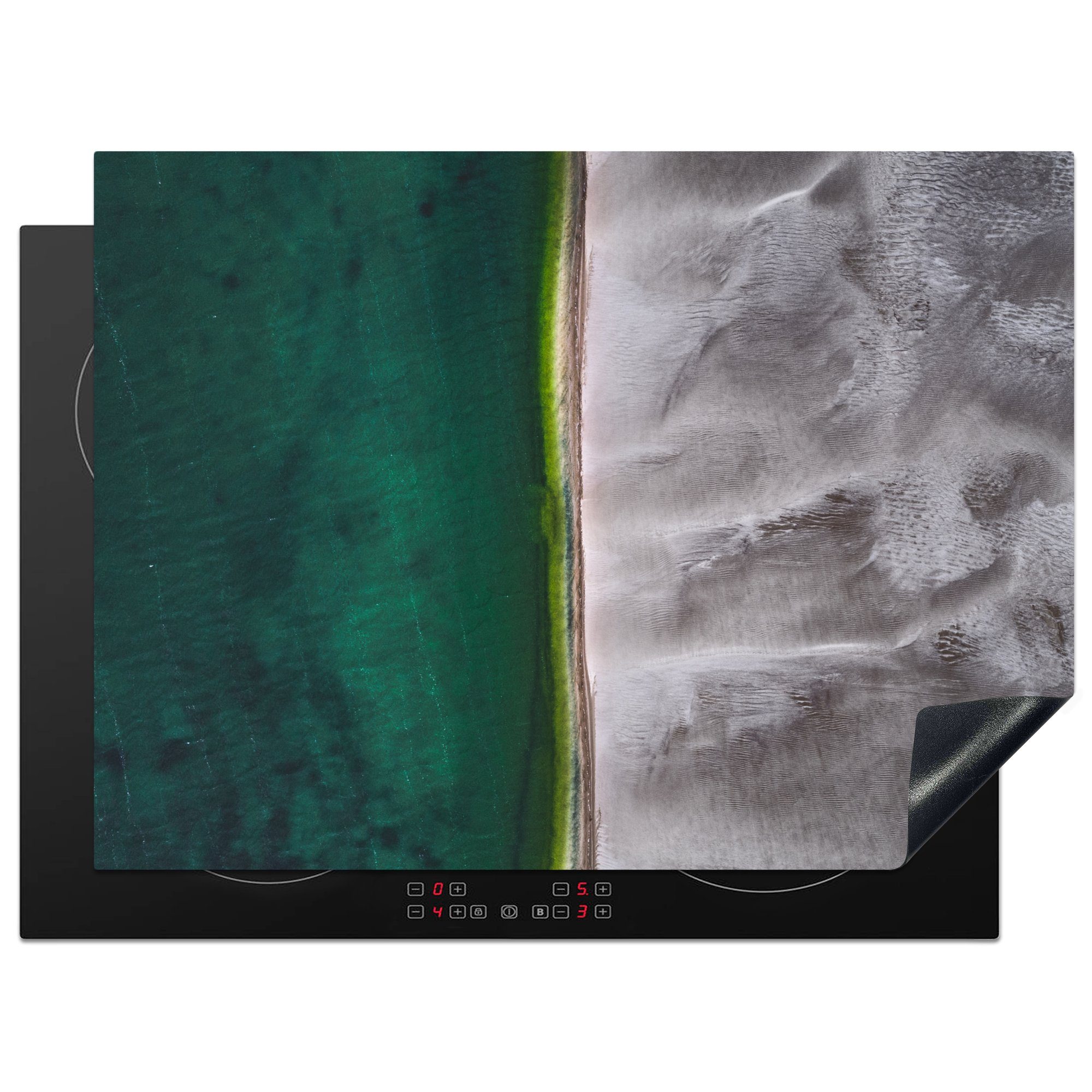 MuchoWow Herdblende-/Abdeckplatte Sand und Wasser in Australien aus der Vogelperspektive, Vinyl, (1 tlg), 70x52 cm, Mobile Arbeitsfläche nutzbar, Ceranfeldabdeckung