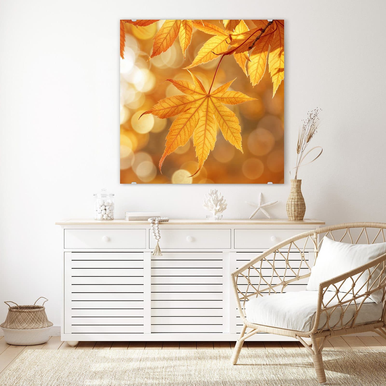 Primedeco Glasbild Wandbild Quadratisch Herbstlich Glitzernd mit Aufhängung, Jahreszeiten (21 verschiedene Größen, 1 St), Elegante Aufhängung