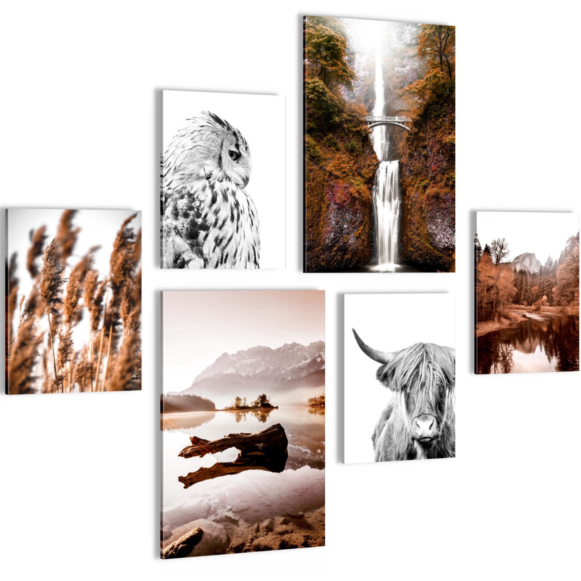 Novart Wandbild Natur Berge See Orange Braun KEIN EXTRA RAHMEN BENÖTIGT Modern Deko