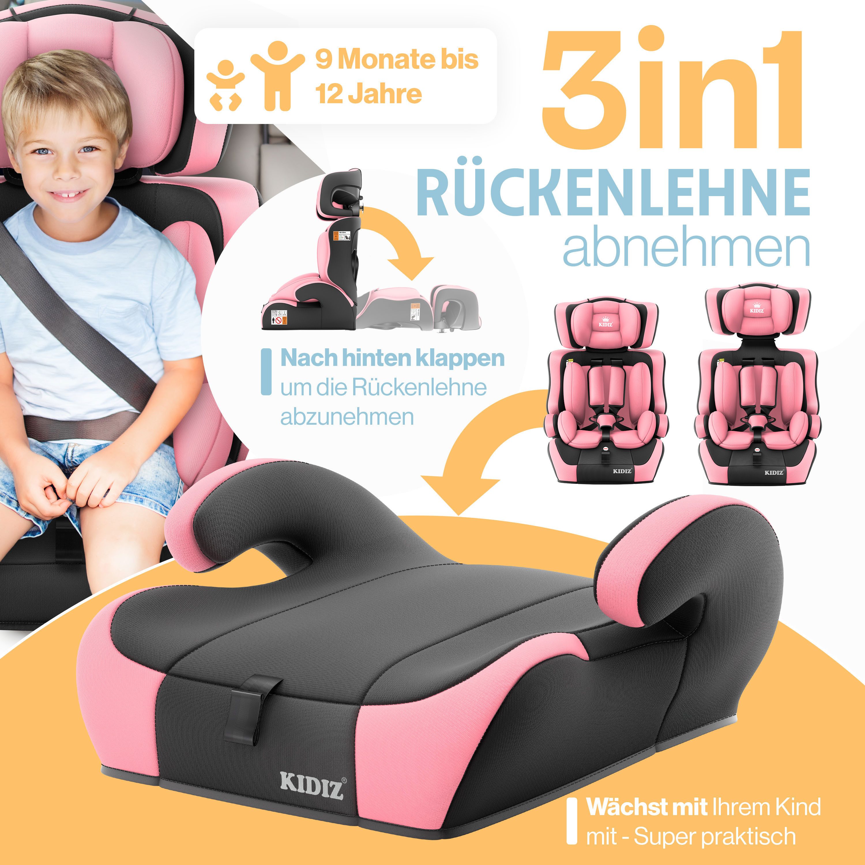 KIDIZ Autokindersitz 9-36kg Körpergewicht & 76-150cm Körpergröße, wächst mit ihrem Kind, bis: 1-12 Jahre, Geprüft & Zugelassen nach ECE R 129/03 – Bild 3 von 5