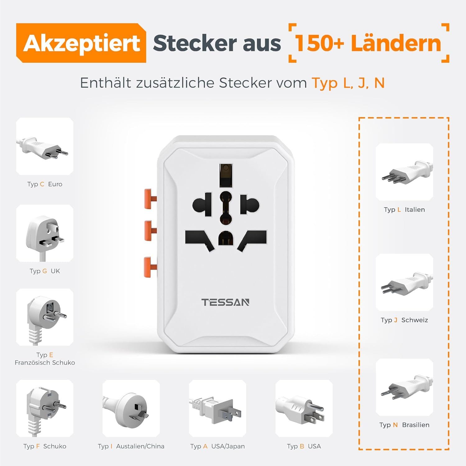 TESSAN Universal Reiseadapter Weltweit mit 3 USB C und 2 USB A für USA Reiseadapter