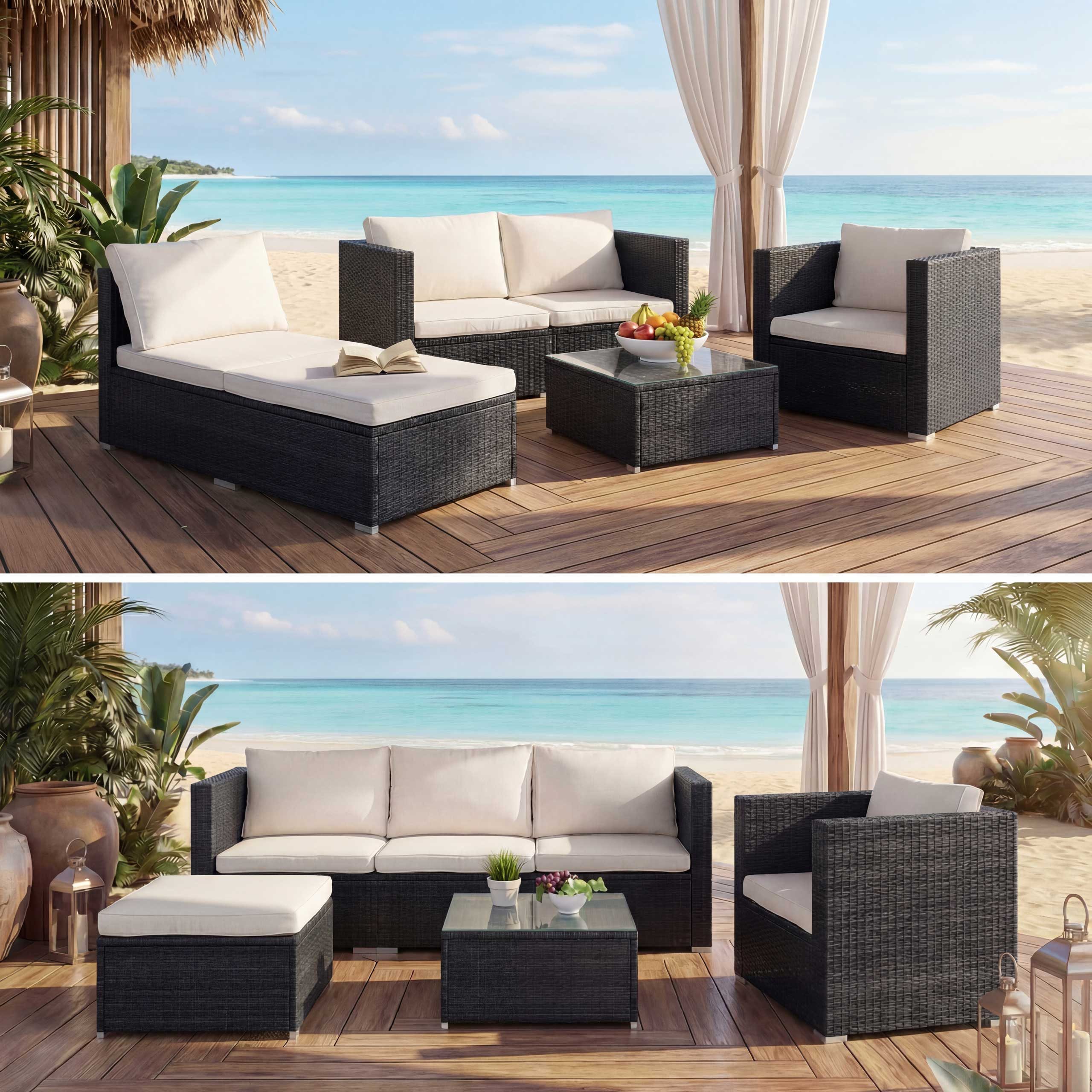 MCW Polstergarnitur Busto, (6-tlg), verschiedene Stellmöglichkeiten, inklusive Kissen, Tisch + Glasplatte