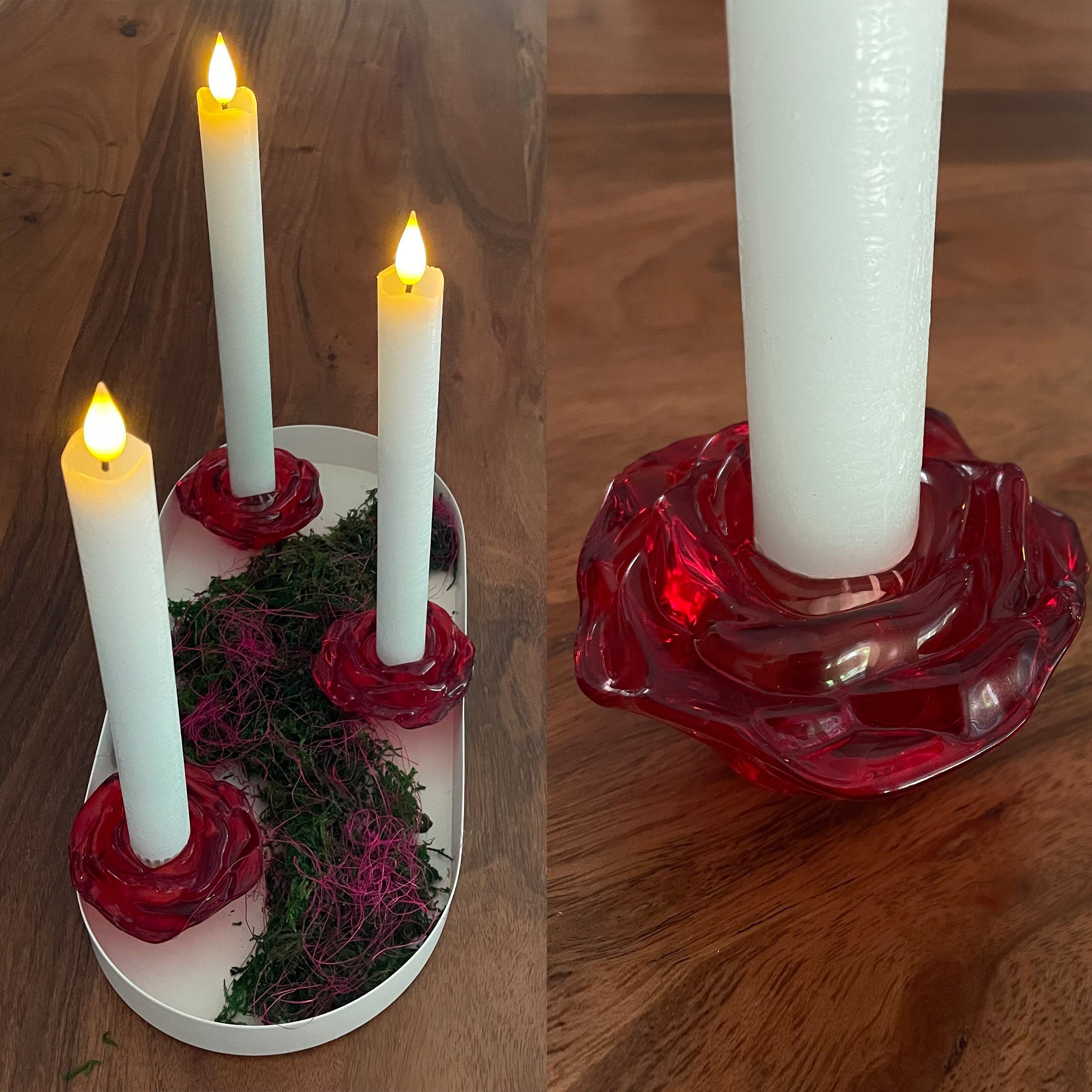 Online-Fuchs Kerzenständer 5er Set Kerzenhalter für Stabkerzen als Rosenblüten Rosen-Design ROT, Maße: 7x7x8 cm, aus Glas, für Tafelkerzen mit 2,1 cm Durchmesser