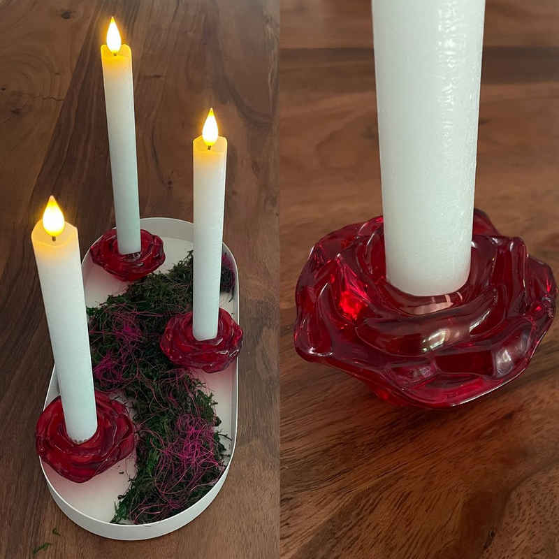 Online-Fuchs Kerzenständer 5er Set Kerzenhalter für Stabkerzen als Rosenblüten Rosen-Design ROT, Maße: 7x7x8 cm, aus Glas, für Tafelkerzen mit 2,1 cm Durchmesser