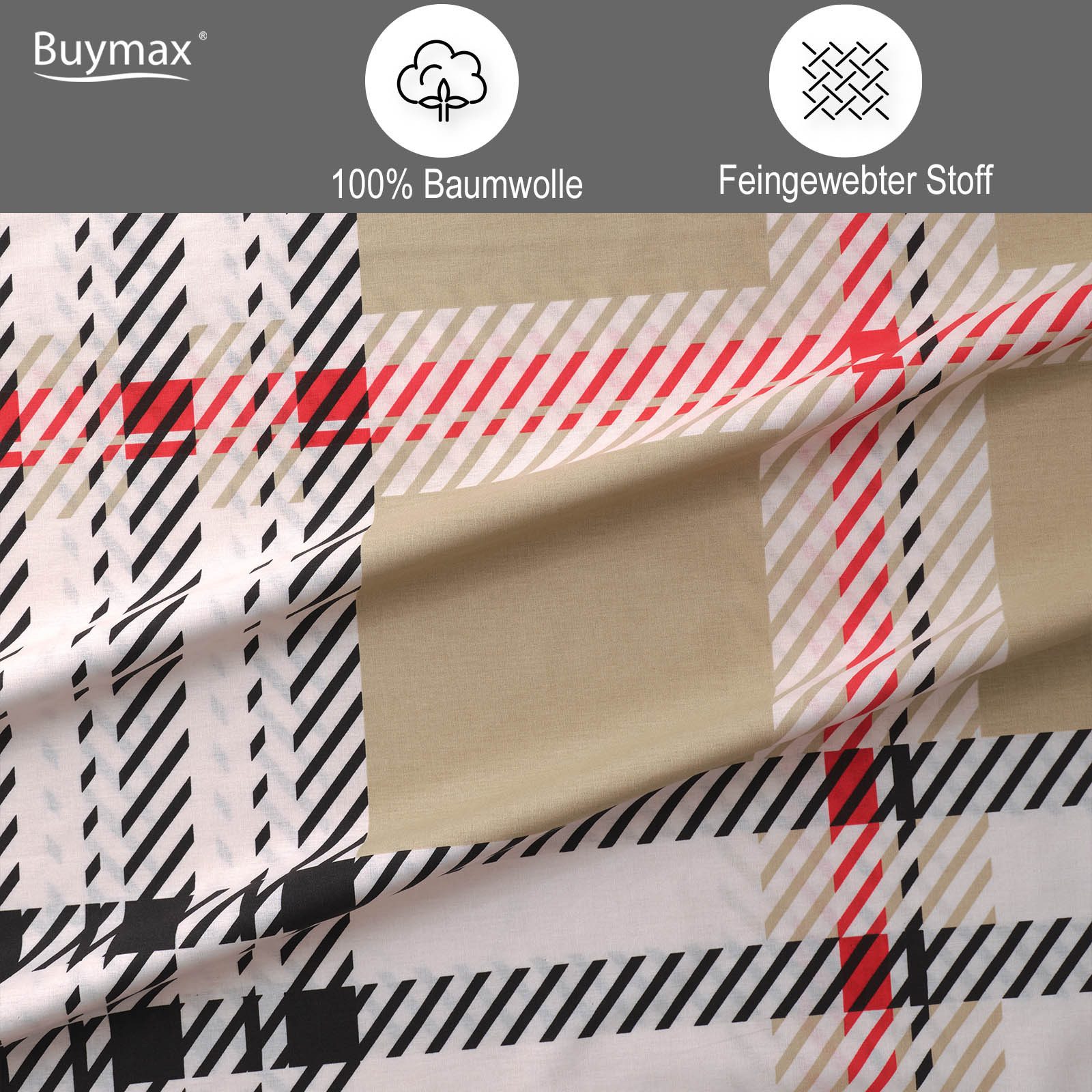 Buymax Bettwäsche Jurado, Bettgarnitur, Bettbezug Set, Renforce: 100% Baumwolle, 2 teilig, mit Reißverschluss, gemustert, Karo, Beige, 135x200 cm
