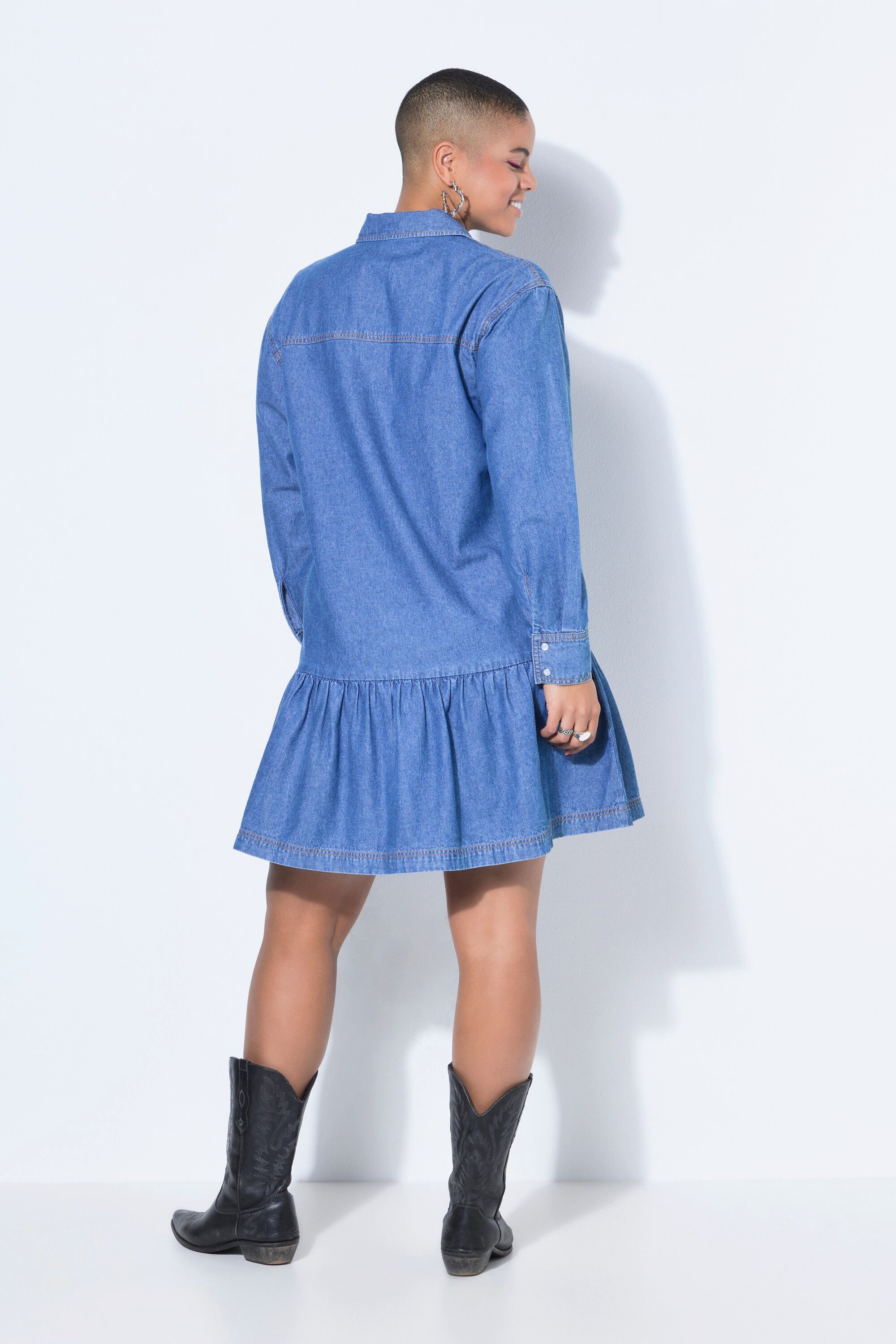 Studio Untold Midikleid Jeanskleid oversized Saumvolant weiter Langarm