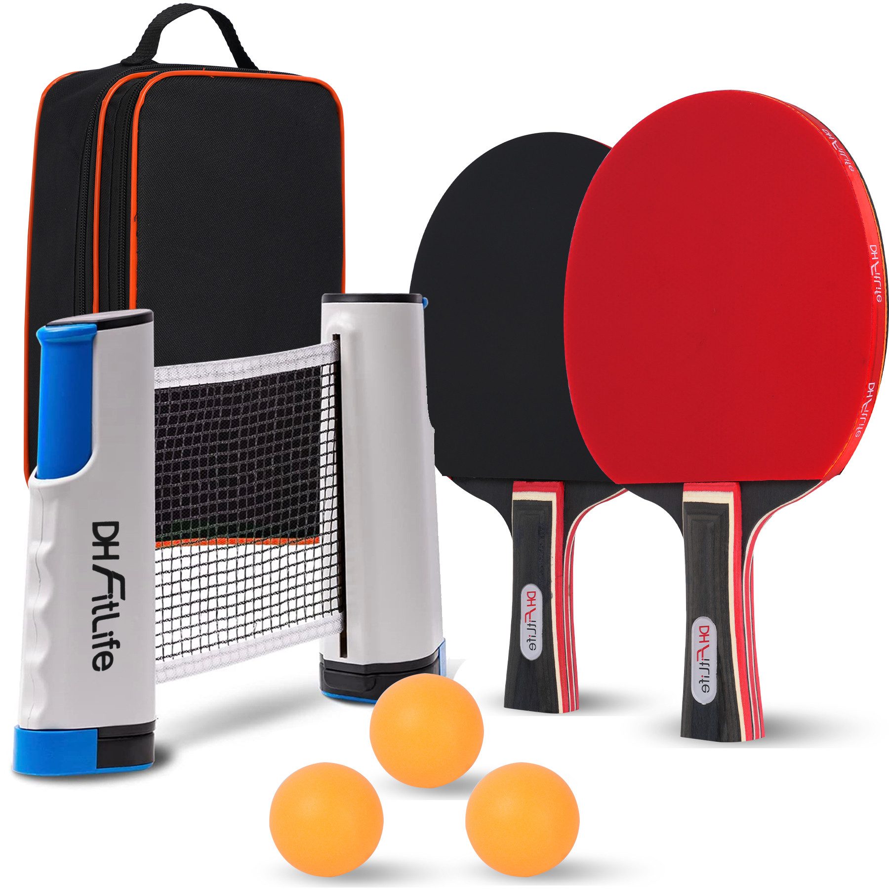 DH FitLife Tischtennisschläger Set für 2 Spieler, mit ausziehbarem mobilen Tischtennisnetz (3 Tischtennisbälle, 2 Ракетки, inkl. Aufbewahrungstasche, für jeden Tisch), Tischtennis Set mit Netz