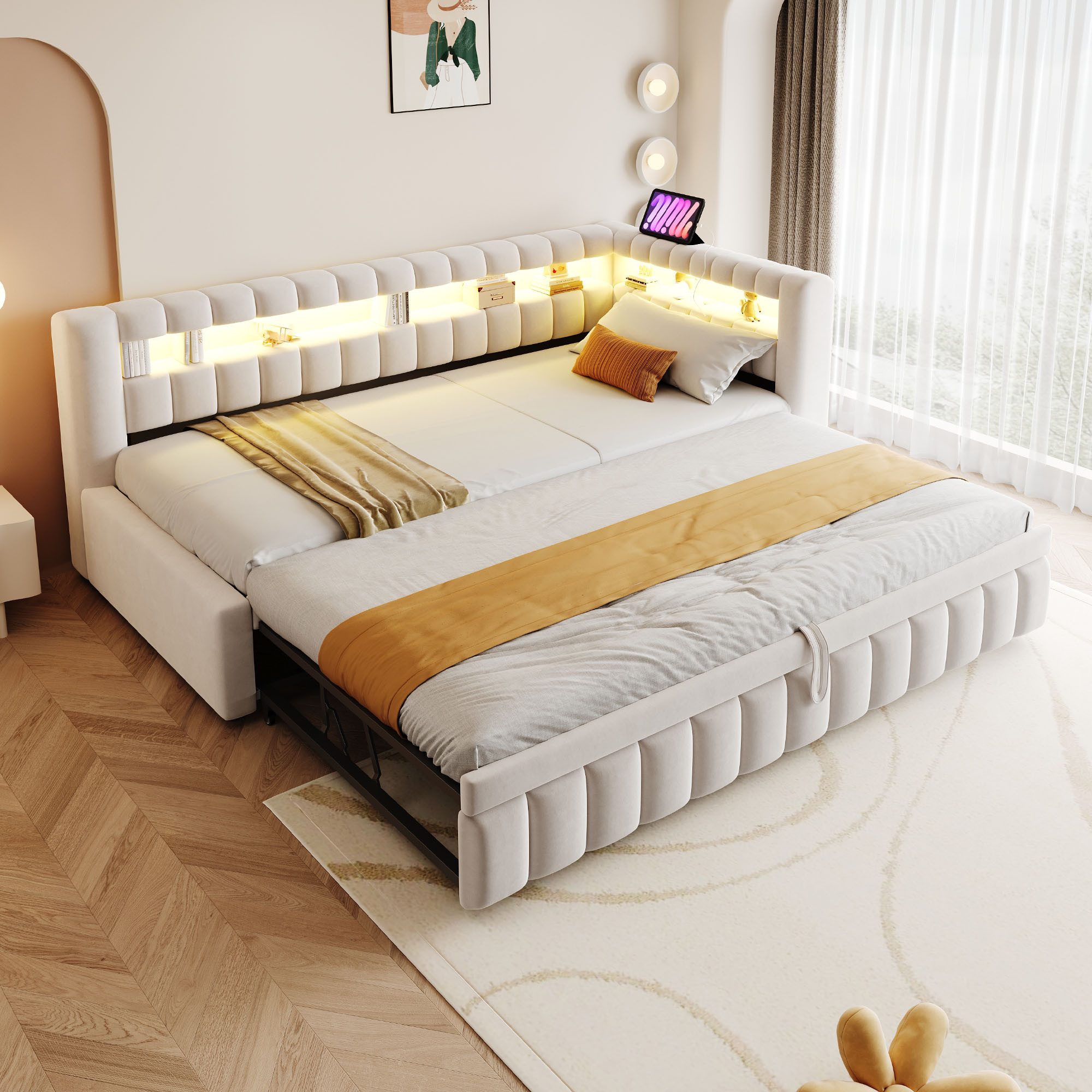 Merax Daybett 90x200cm mit Ausziehbett, LED-Beleuchtung und USB-C-Anschluss (Schlafsofa Sofabett Tagesbett Jugendbett Gästebett, 1 tlg), Polsterbett mit gepolstertem Kopfteil mit Ablagefächern, Samtbezug