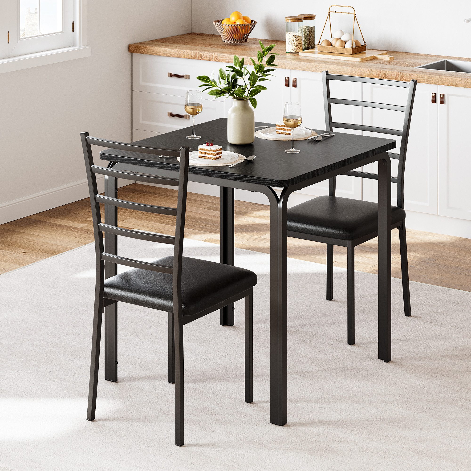 GarveeMore Essgruppe Ktichen Tisch mit 2 Stühlen für Küche & Esszimmer, Kompaktes Esszimmer-Set für kleine Räume(Tisch mit 2 Stühlen), Esstisch mit Stühlen