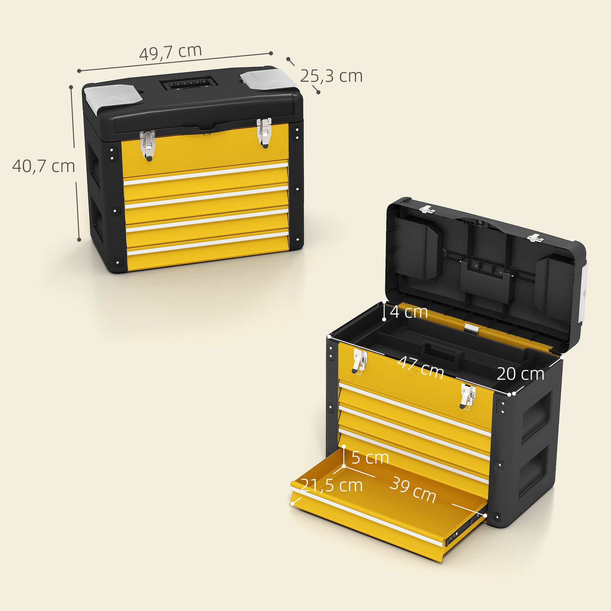 HOMCOM Werkzeugbox Werkzeugkoffer leer, robust Werkzeugkasten mit Fächer (Set, 1 St., 1-tlg), 4 Schubladen, tragbar, Mini-Boxen