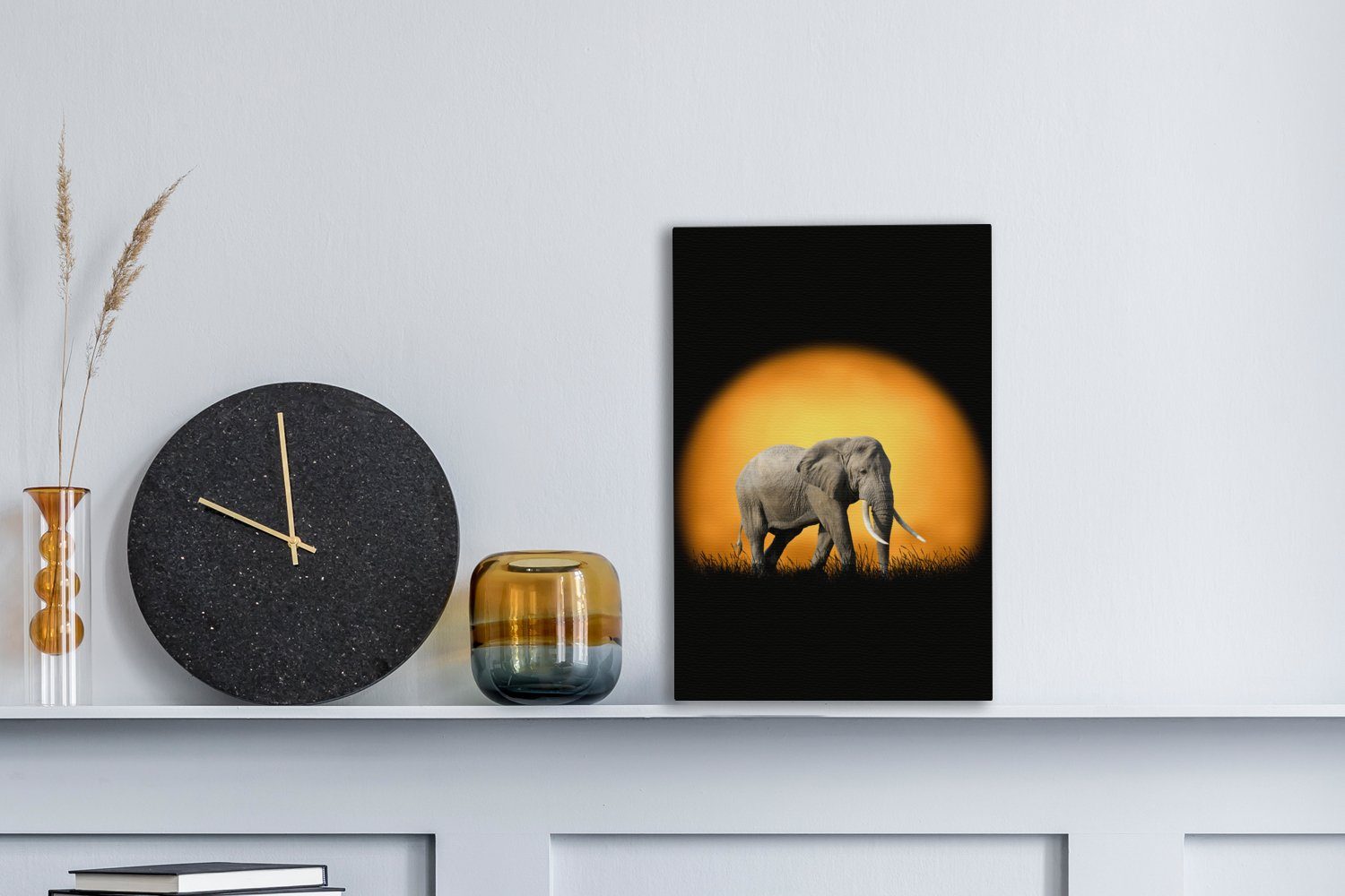 - Elefant fertig Zackenaufhänger, - (1 St), Leinwandbild inkl. Leinwandbild Orange, 20x30 OneMillionCanvasses® bespannt Gemälde, cm Sonne