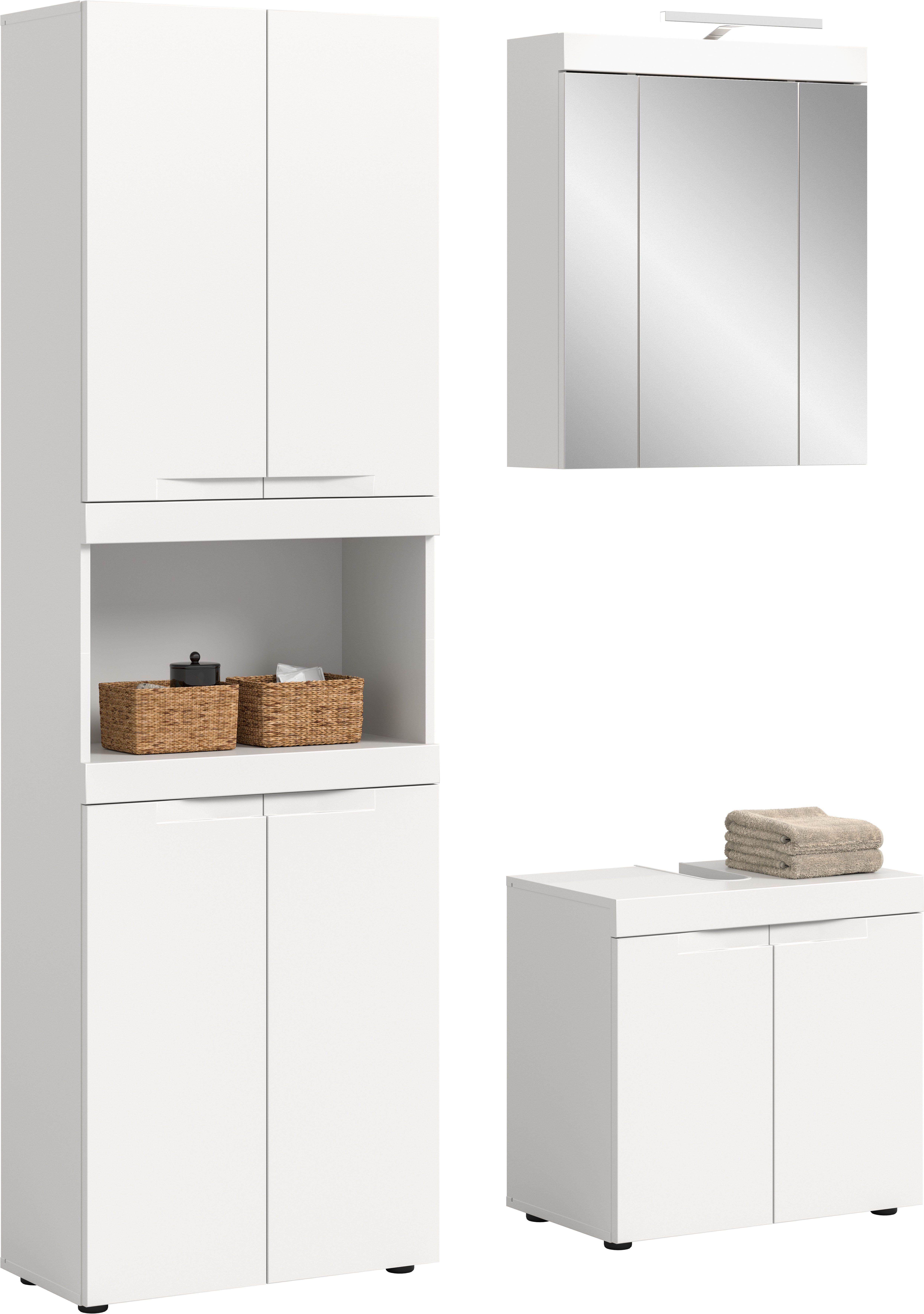 OTTO home Badmöbel-Set MAOI, 3-tlg. Badkombi, hochwertige MDF Front, optional mit Beleuchtung, (Hochschrank, Waschbeckenunterschrank & Spiegelschrank (Bel. optional), Bad-Kombination, Bad-Möbel, Badezimmer, Kombination, Kombi