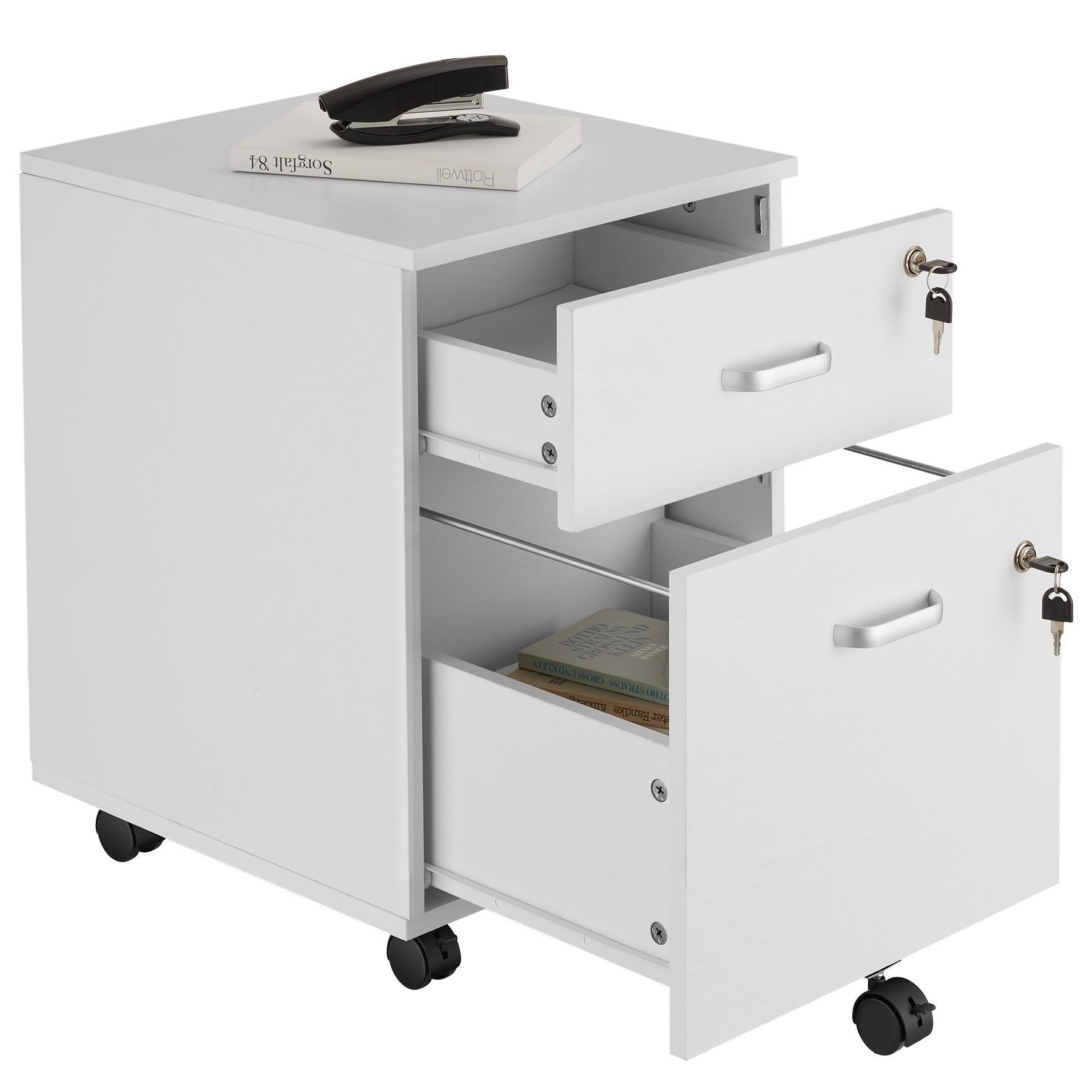 tectake Rollcontainer Schreibtischunterschrank, 40 x 44 x 54,5 cm, abschließbar, kratzfest, (Aktenschrank Vagur, in weiß), 2 A4-Schubladen, Ersatzschlüssel, 5 gebremste Lenkrollen, stabil