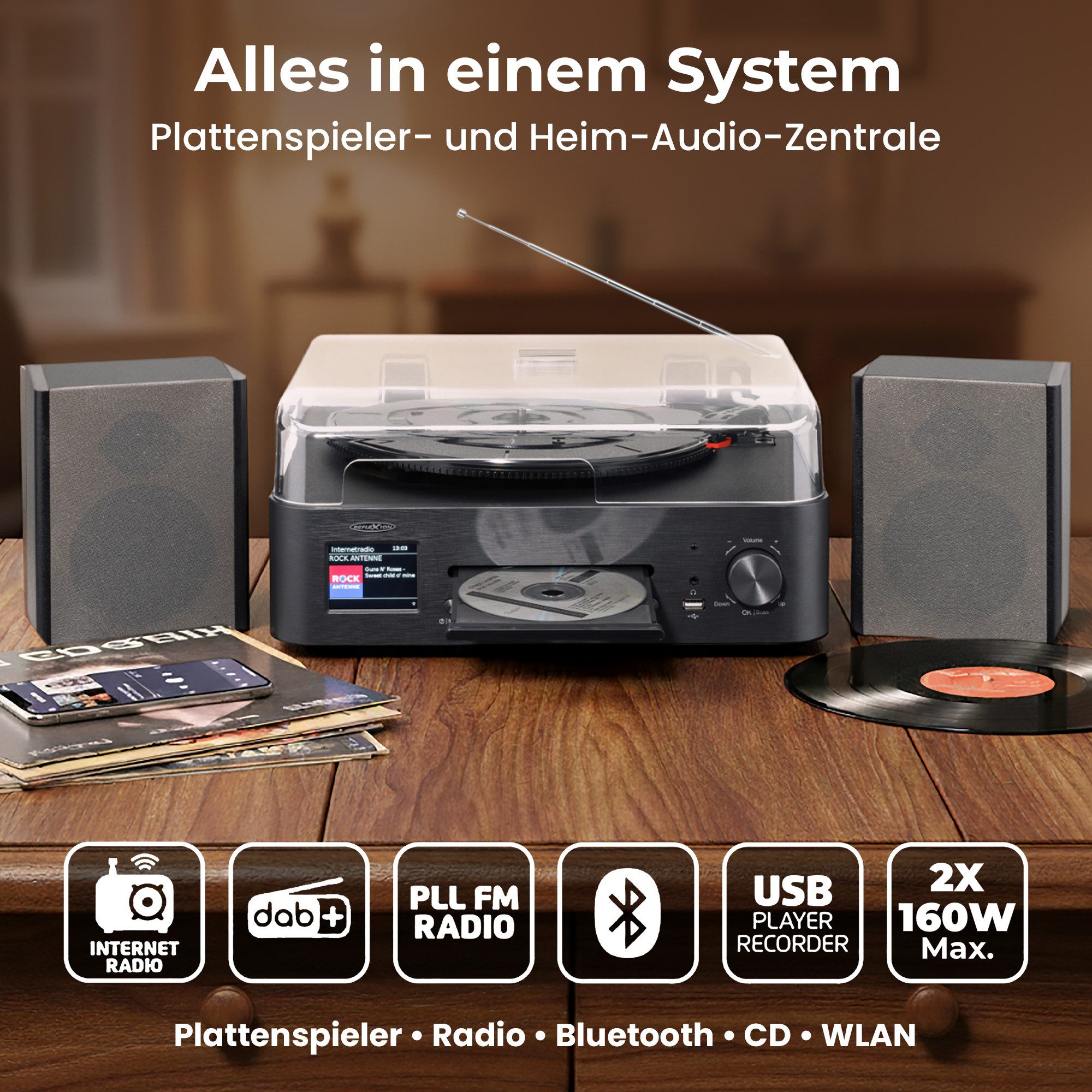 Reflexion HIF2084IR Plattenspieler (Bluetooth, WiFi, DAB+, Internetradio, Bluetooth, CD, Farbdisplay)