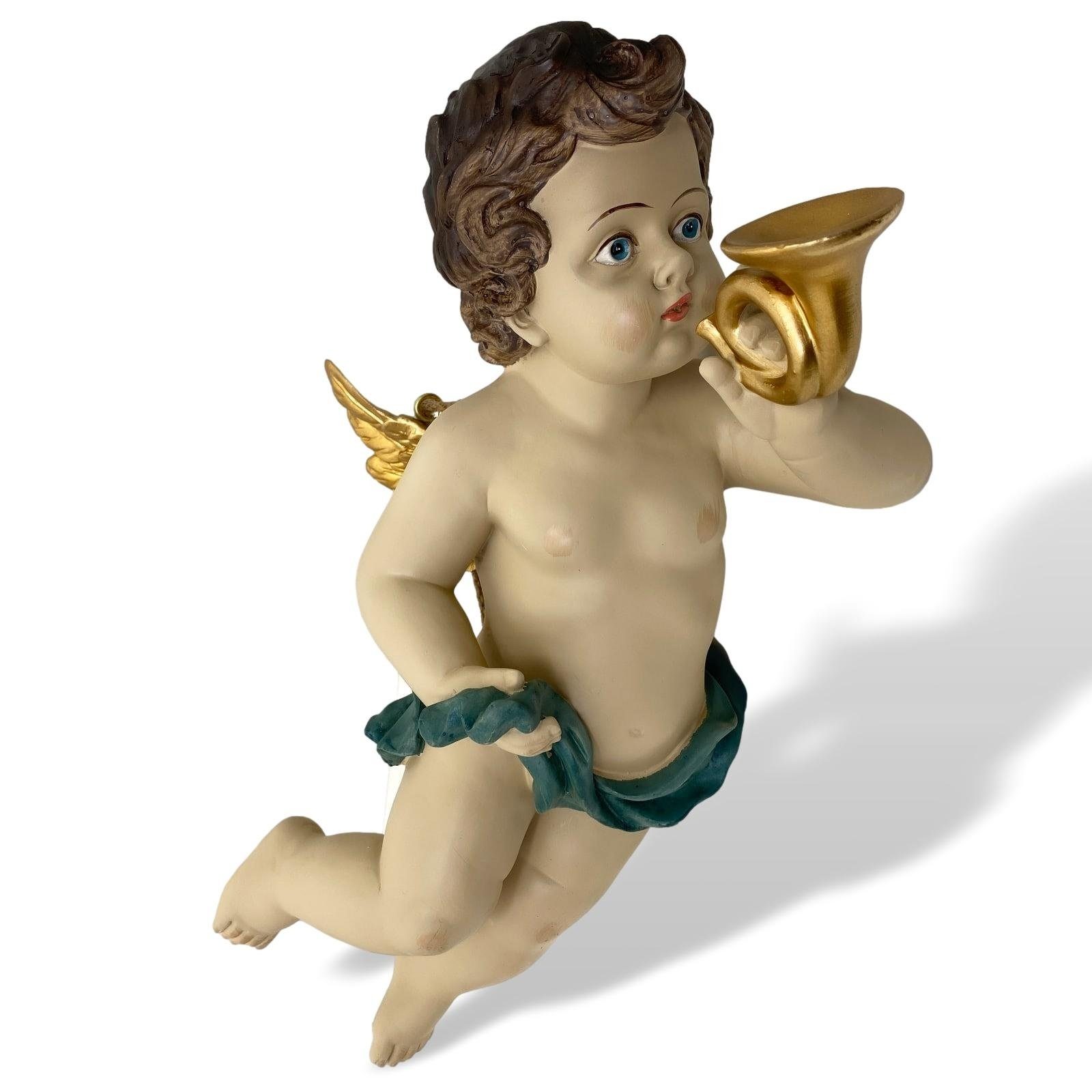 Skulptur Putte Engel Figur Kunststein Aufhängen Dekofigur zum Anti Trompete Aubaho 43cm