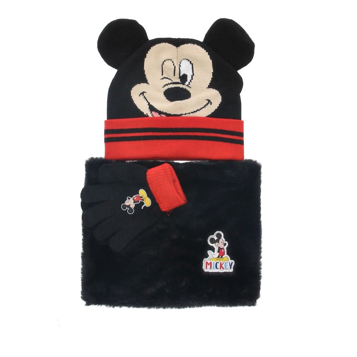 Disney Bommelmütze Mickey Mouse Mütze Set mit Schal & Handschuhen schwarz