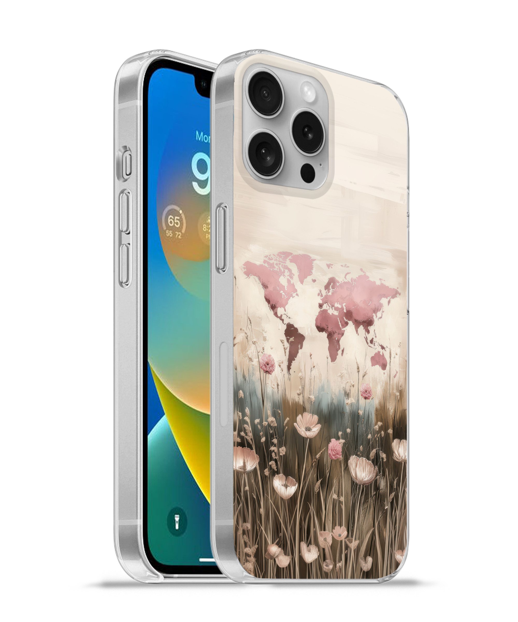 MuchoWow Handyhülle für Apple iPhone 16 Pro Max Weltkarte - Rosa - Blumen, Smartphone-Bumper, Print, Handy Schutzhülle Dünn