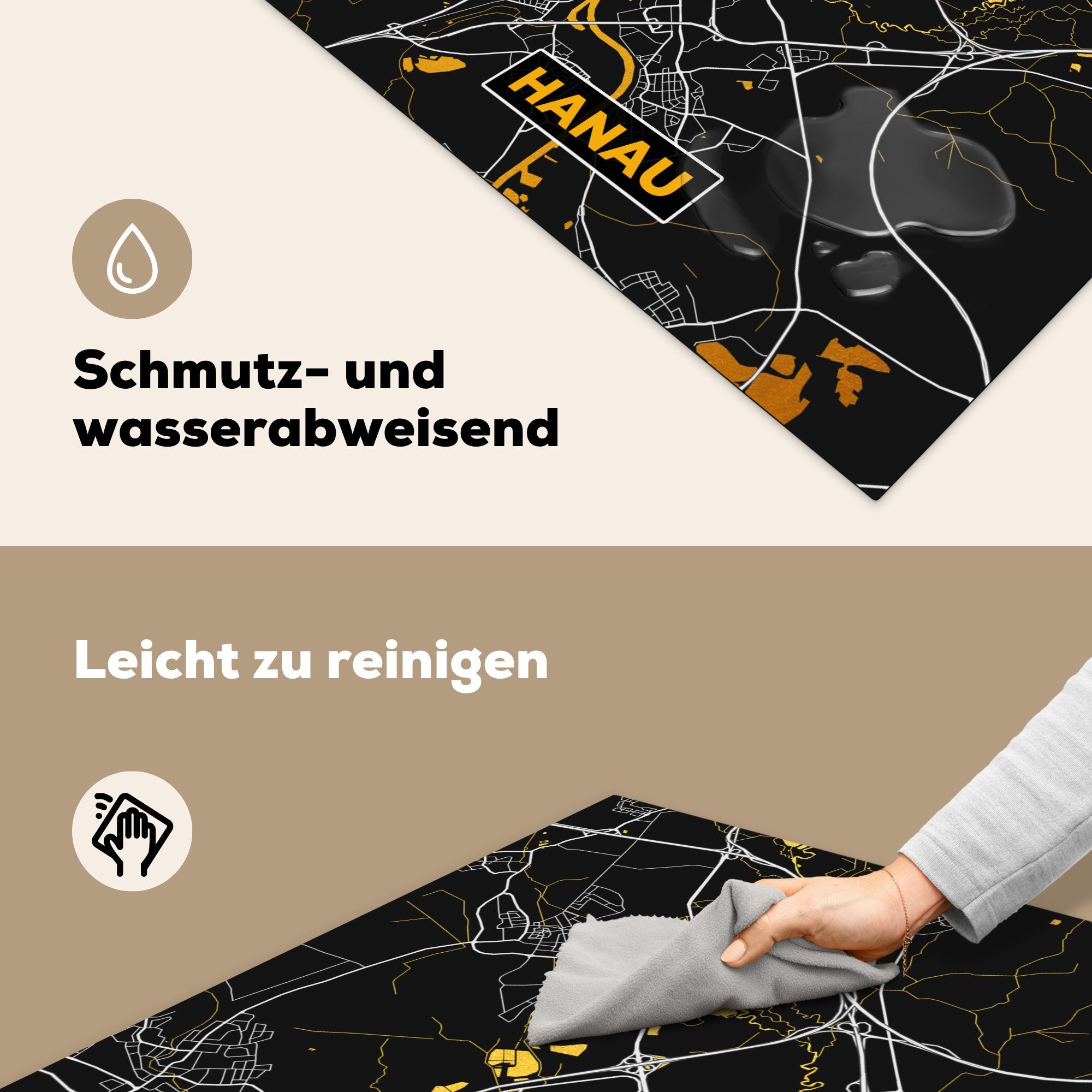 küche - - Stadtplan Deutschland, für Vinyl, (1 Hanau Karte tlg), cm, - Gold Arbeitsplatte Herdblende-/Abdeckplatte - 78x78 Ceranfeldabdeckung, MuchoWow