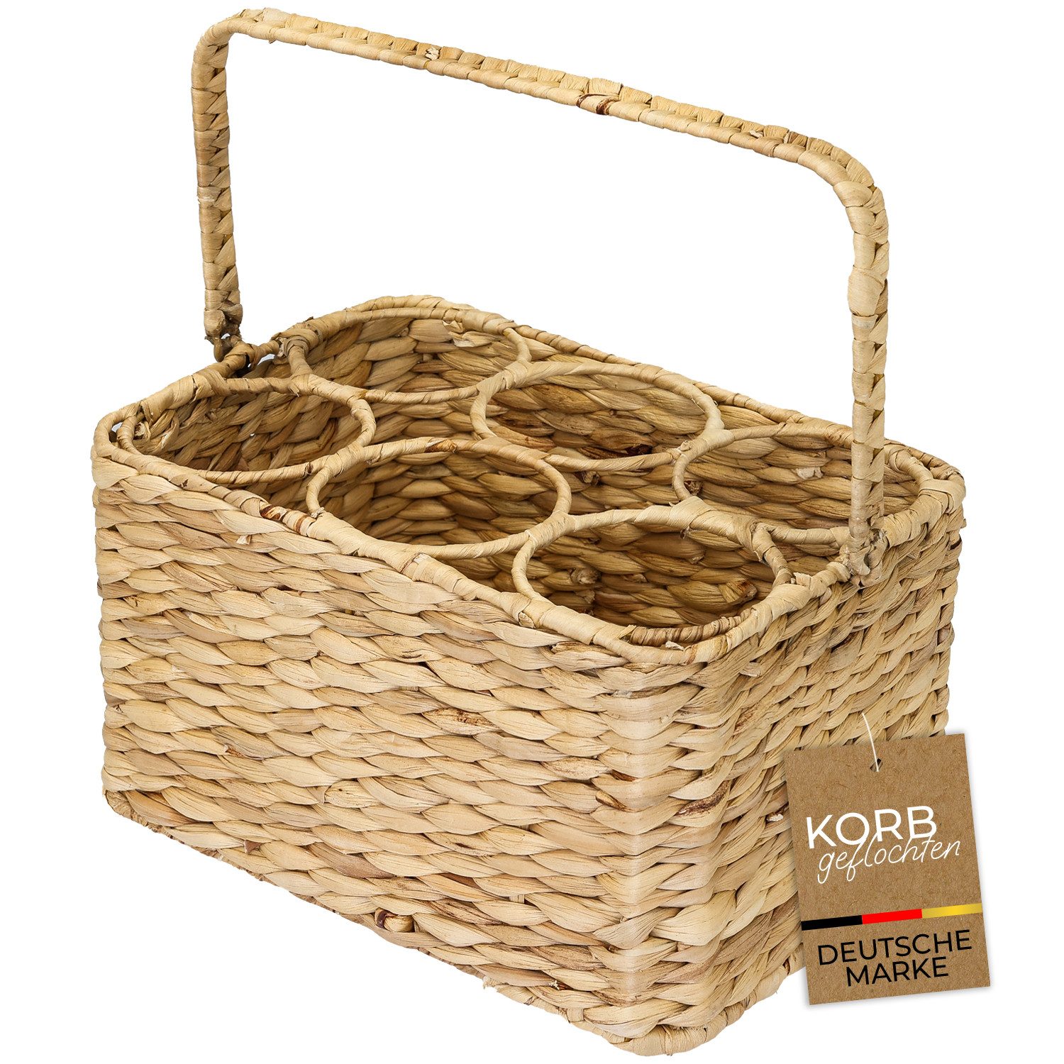 HMF Flaschenträger Flaschenträger für 6 Flaschen, Flaschenkorb geflochten aus Wasserhyazinthe, 32 x 22 x 18 cm