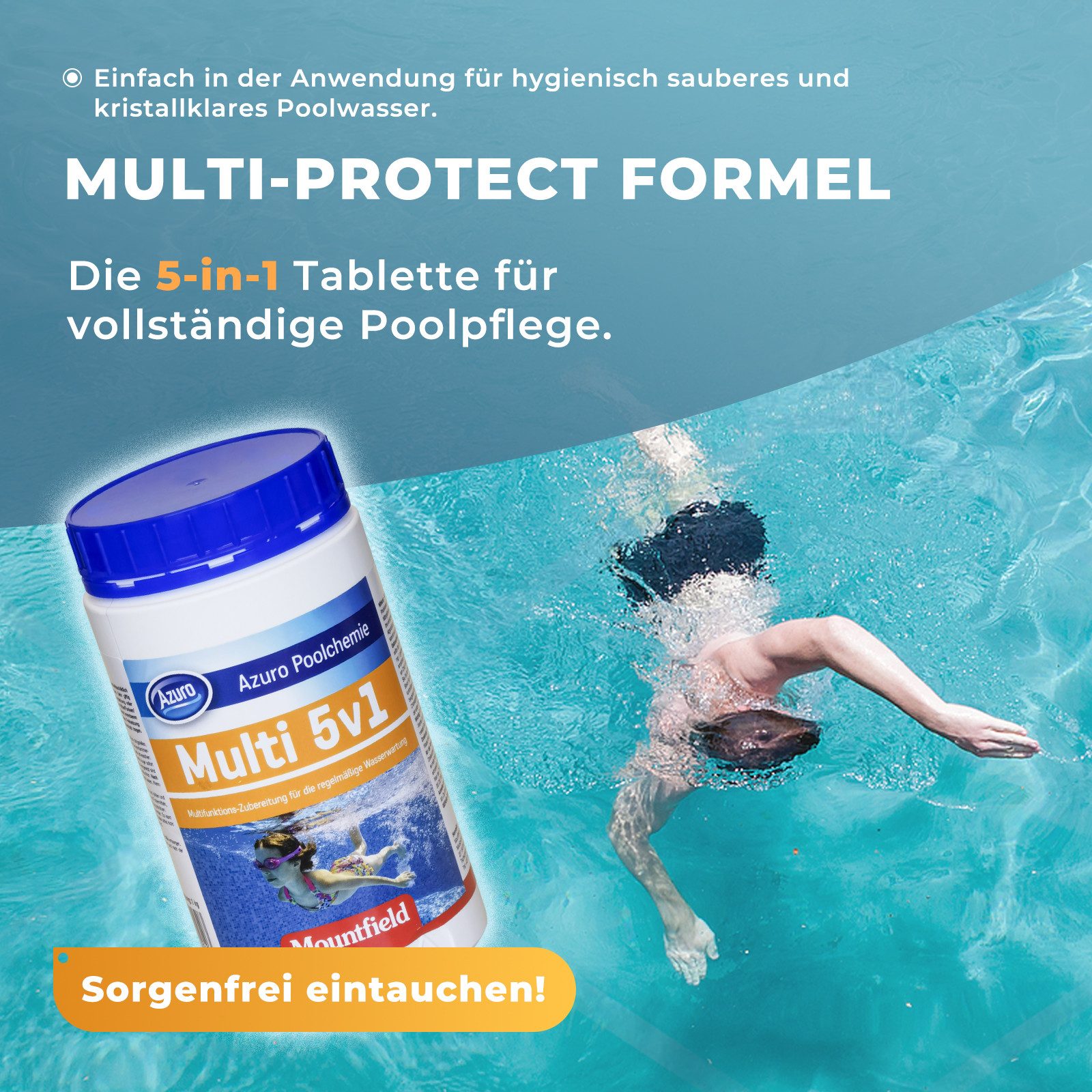 Azuro Chlortabletten 5 in 1 Chlor Multitabs 200g langsamlöslich für Pools, (1kg, 3kg, 5kg, Hergestellt in Europa), für kristallklares und hygienisches Poolwasser), langzeit Chlor Tabletten zur Reinigung und Desinfektion