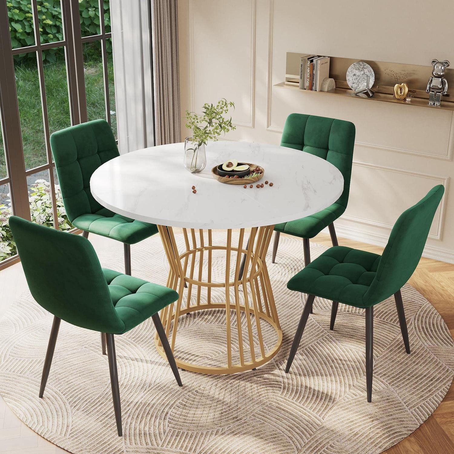 LuxusKollektion Esstisch Esstisch Set 5tlg 4Stühle rund 100cm Platte Samtstühle Grün (1-St)