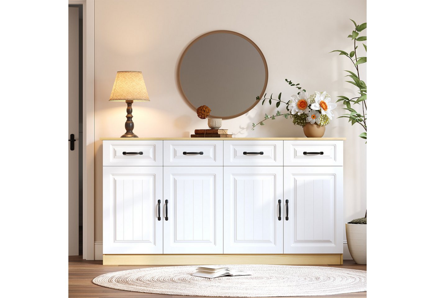 Merax Sideboard mit 4 Türen, 4 Schubladen & großem Stauraum (Küchenschrank Wohnzimmerschrank, 1 St), Kommode mit geriffeltem Design & Metallgriffen, 160 x 35 x 80 cm